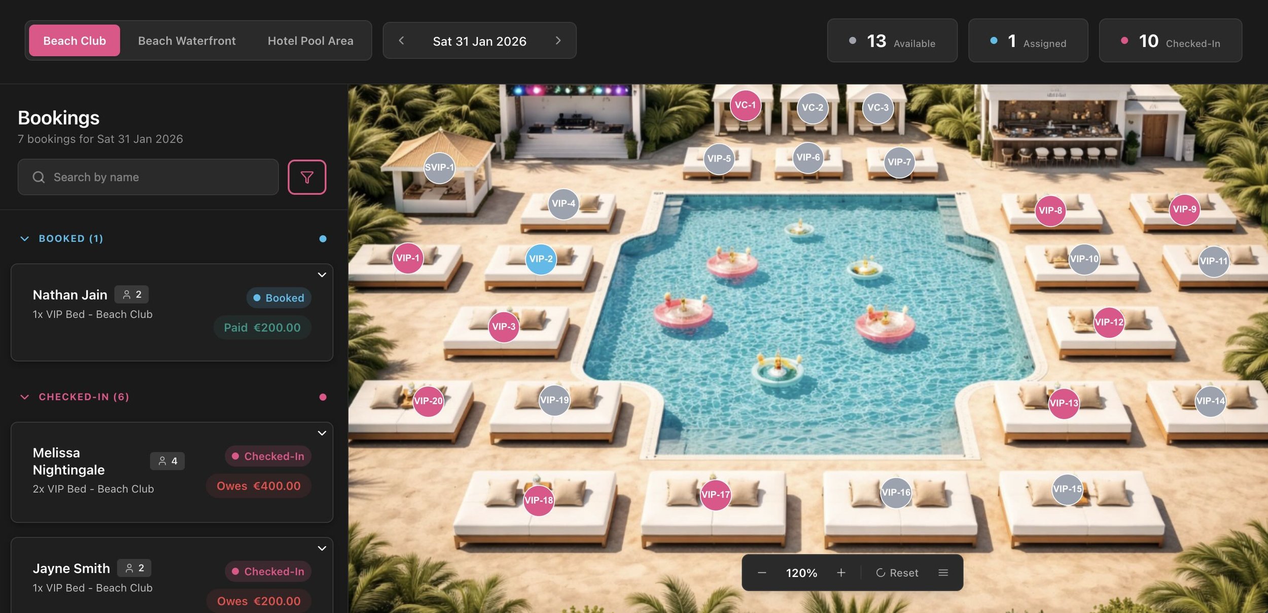 A digital layout of a beach club pool area with numbered VIP beds and swim-up cabanas, surrounded by palm trees, and an animated pool with floating slides.