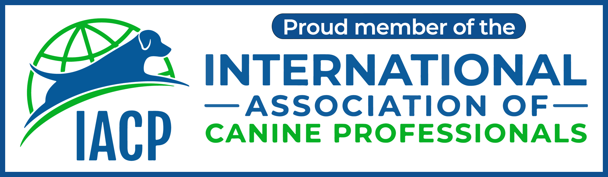 Logo of the International Association of Canine Professionals (IACP) featuring a dog silhouette and a globe, with text indicating pride in membership.