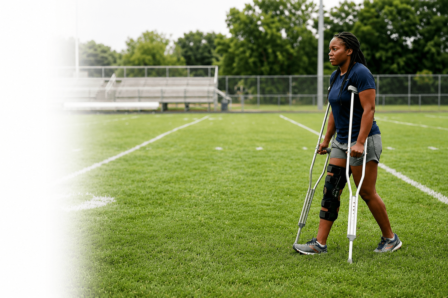 Athlete recovering from injury using crutches on a sports field