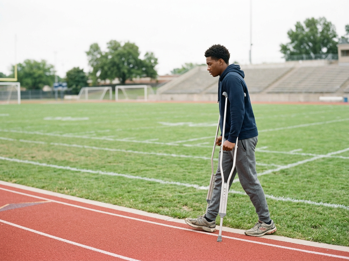 Athlete recovering from injury walking with crutches