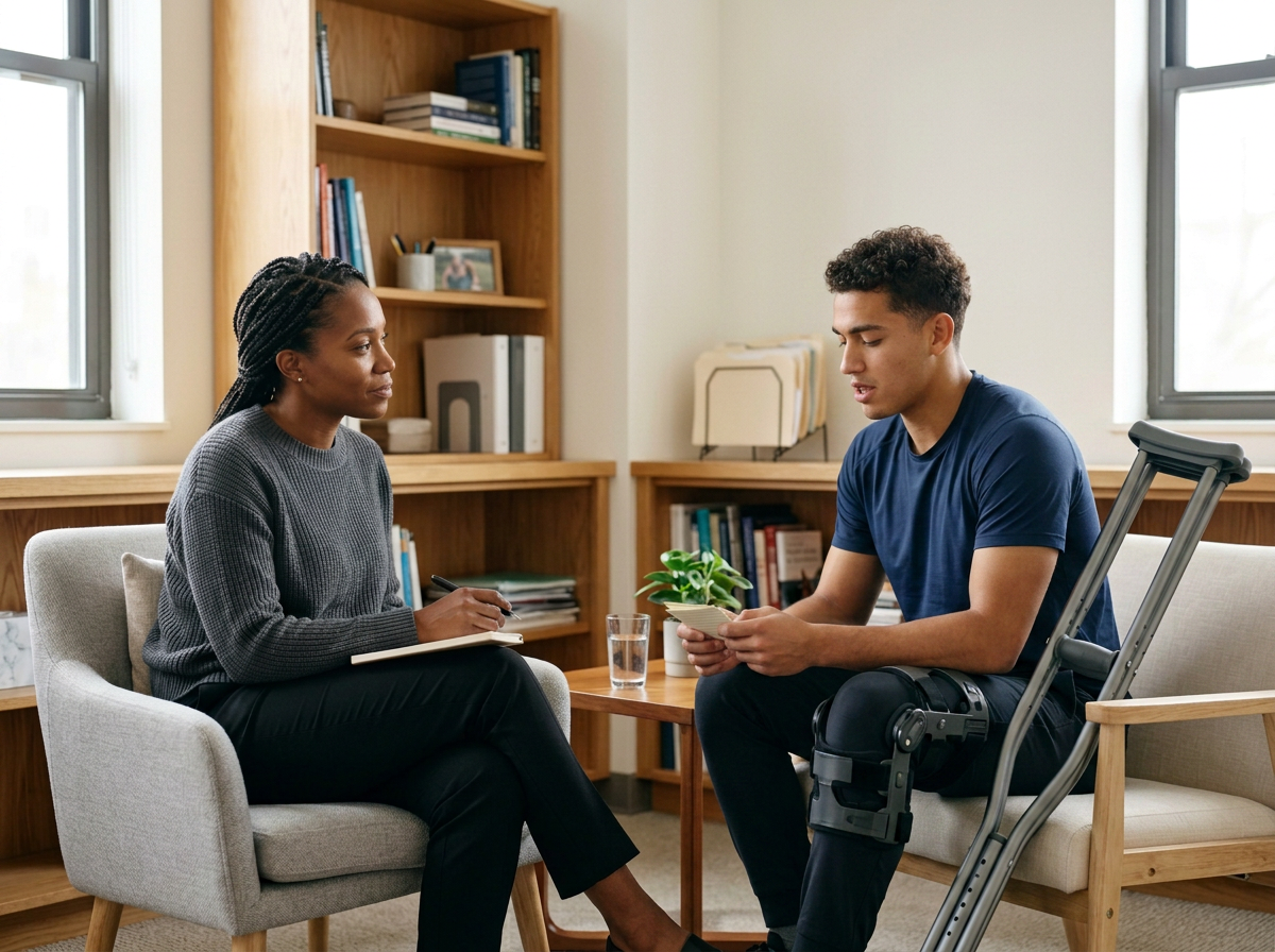 Athlete receiving mental health support during injury recovery