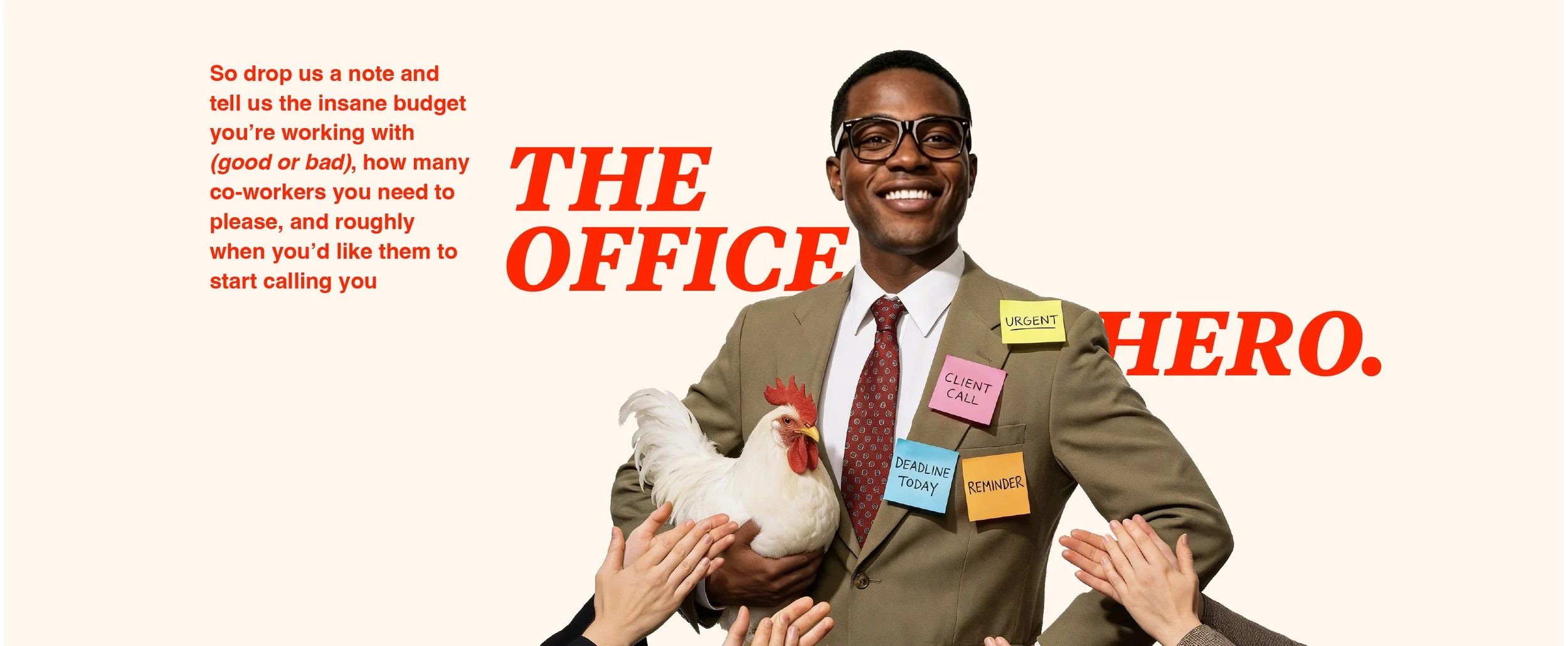 Playful workplace concept featuring a confident office professional labeled as “The Office Hero,” holding a chicken and covered in sticky notes with tasks like urgent, client call, and deadlines, symbolizing multitasking, office management, and the c
