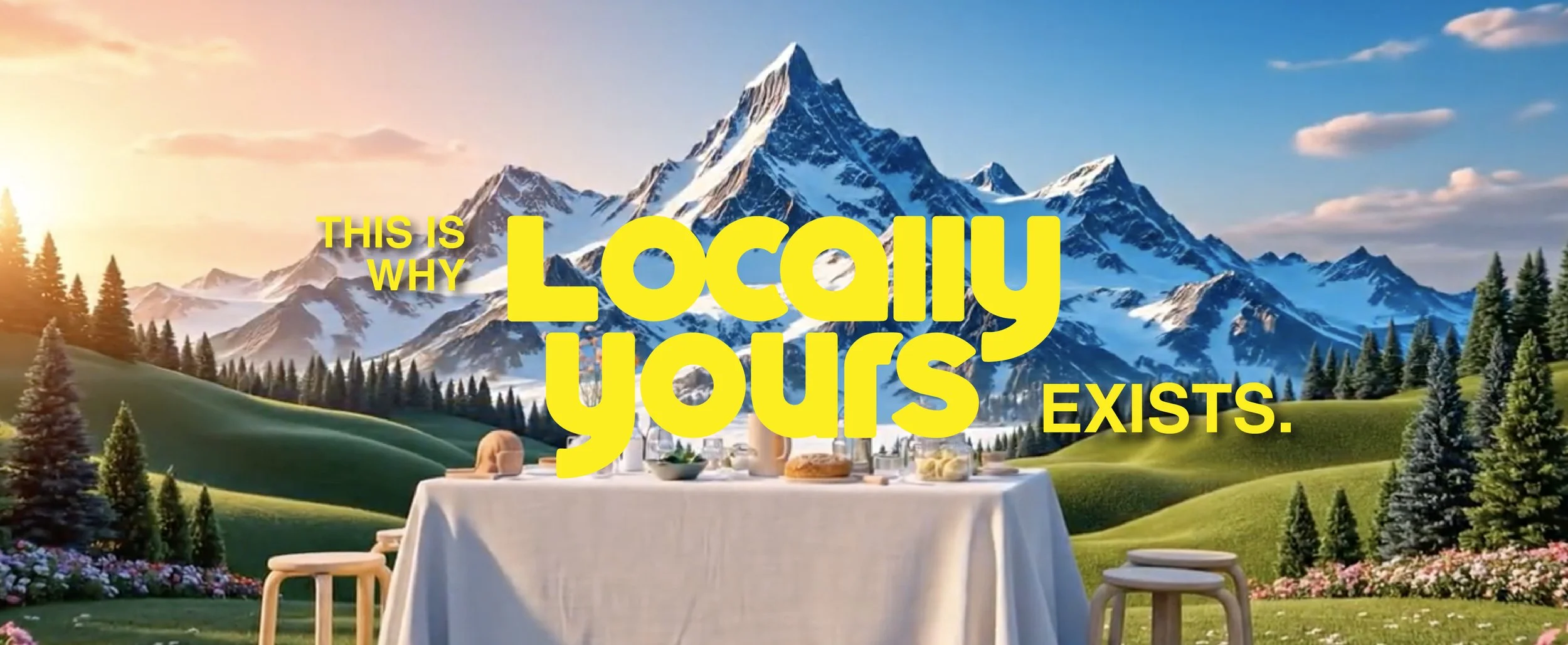 Scenic outdoor dining experience set against a dramatic mountain landscape with a beautifully arranged table, highlighting curated local experiences and team gatherings, with bold typography emphasizing Locally Yours and unique corporate event destin