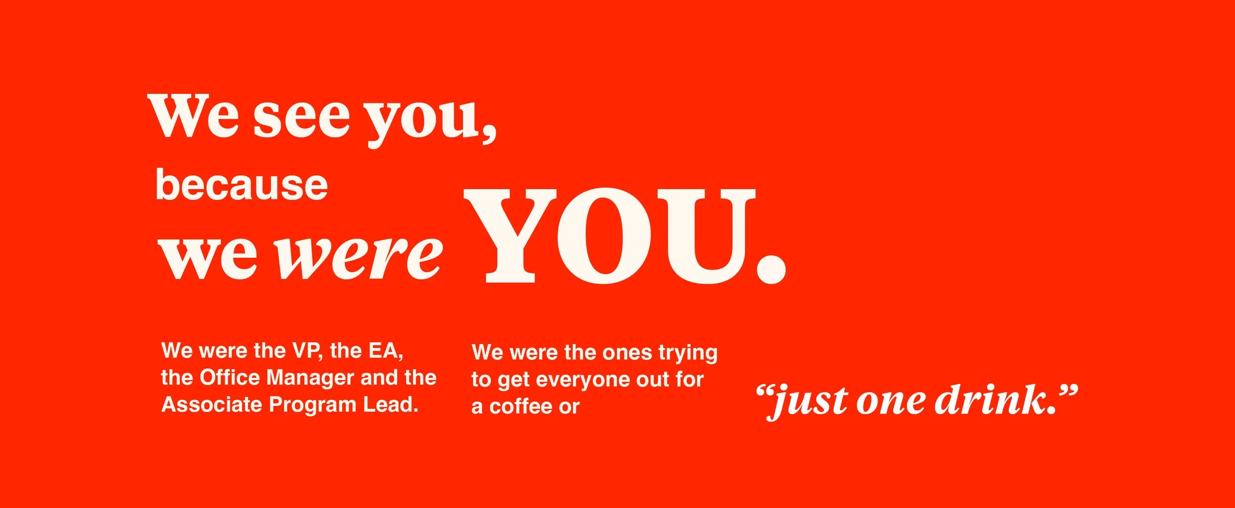 Bold red typographic graphic emphasizing employee recognition and workplace empathy, highlighting roles like office manager, executive assistant, and team organizers, with messaging focused on team connection, social planning, and appreciation in mod