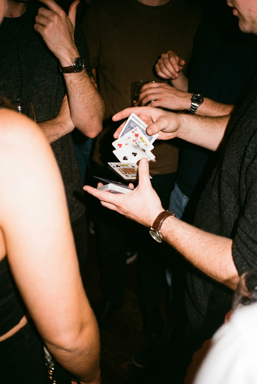 Two people holding shot glasses topped with arancini balls and microgreens, ready for a toast.