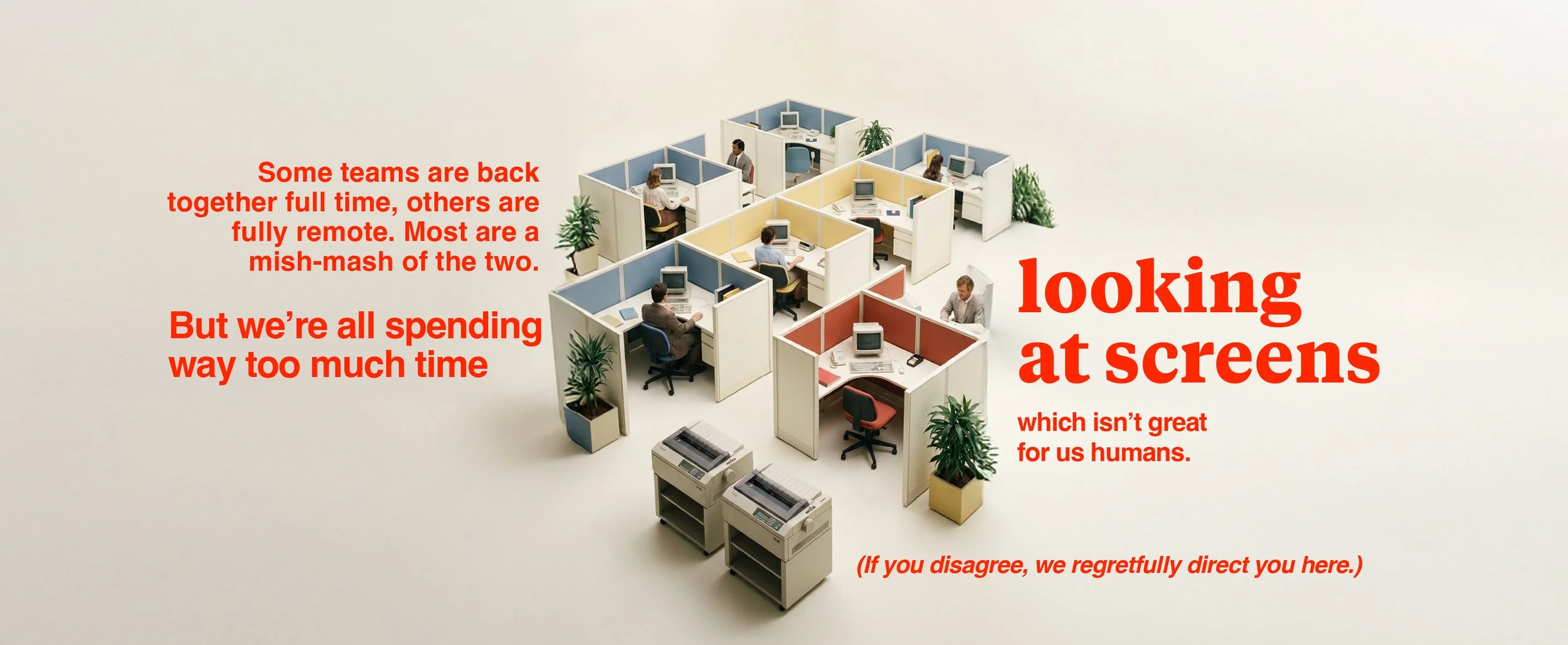 Conceptual office illustration showing employees working in cubicles in a hybrid workplace environment, highlighting remote work vs in-office dynamics and excessive screen time, with bold red typography emphasizing modern work habits, productivity ch