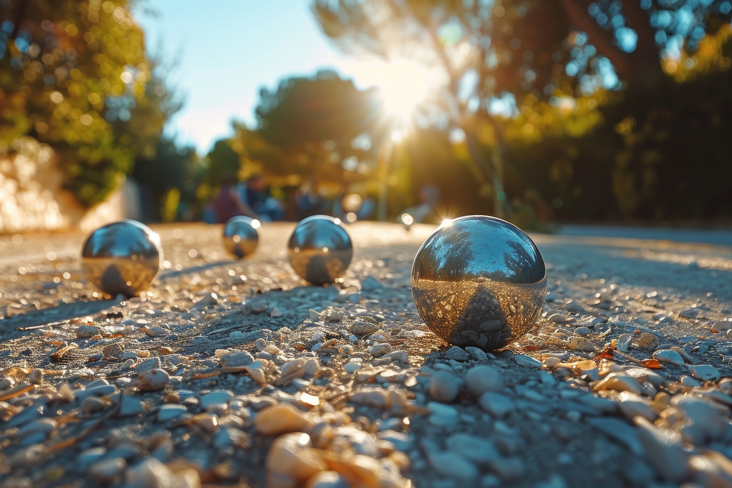 photo of metallic pétanque balls on a gravel surface during sunset