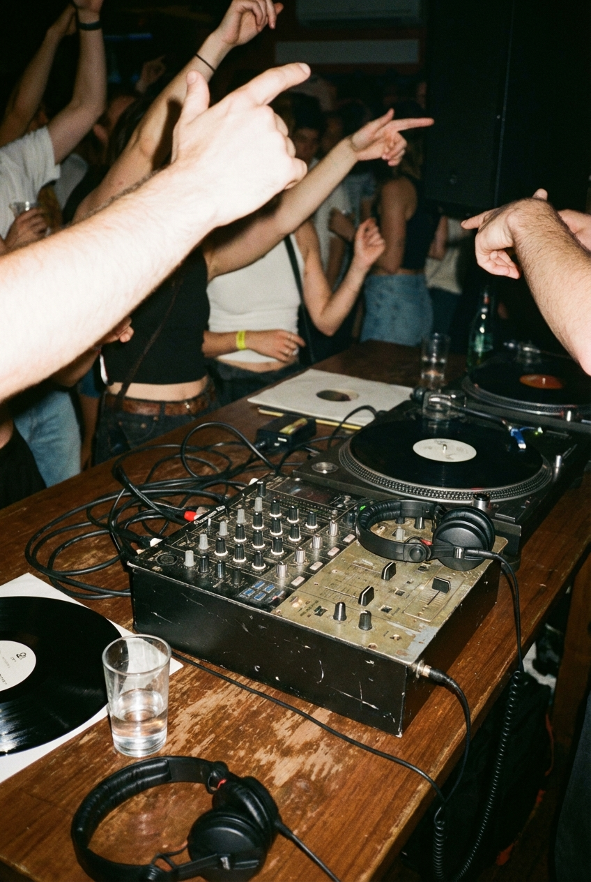 A two-tiered table with assorted desserts, including a slice of cake, a mousse, a tart, and pastry, with a hand holding a small cake or pastry.