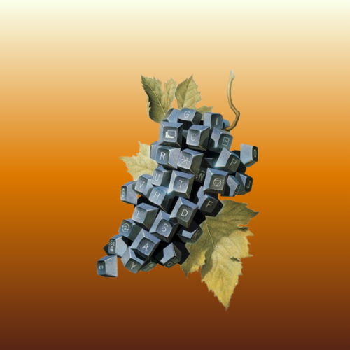 A bunch of computer keyboard keys arranged to look like a bunch of grapes, with grapevine leaves.