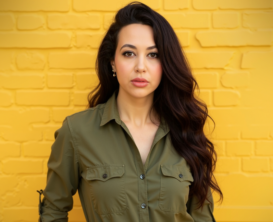 Young woman with long dark wavy hair wearing an olive green button-up shirt standing against a yellow brick wall.