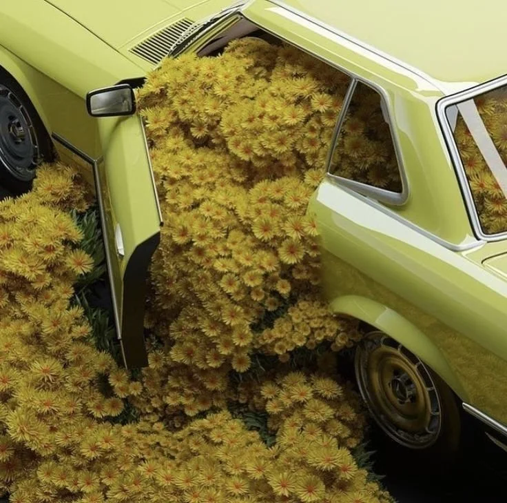 A lime green vintage car with its door open, surrounded and filled with numerous yellow and orange flowers.