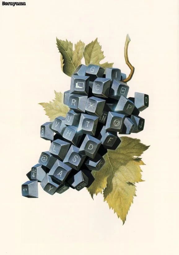 A bunch of black computer keyboard keys arranged to resemble a bunch of dark grapes, with a grapevine leaf and stem at the top, set against a light background.