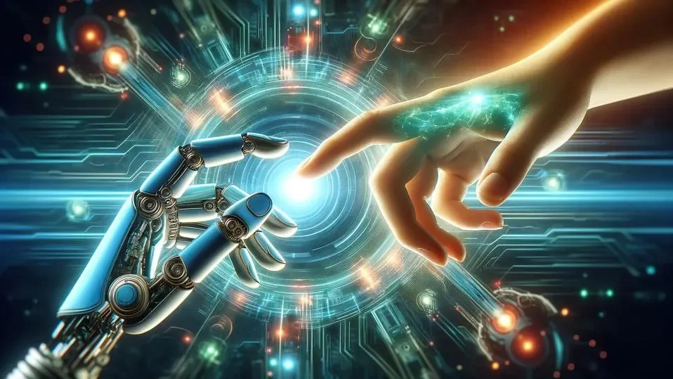 A human hand reaching out to touch a robotic hand in a digital, technological environment with glowing lights and circuit-like patterns.
