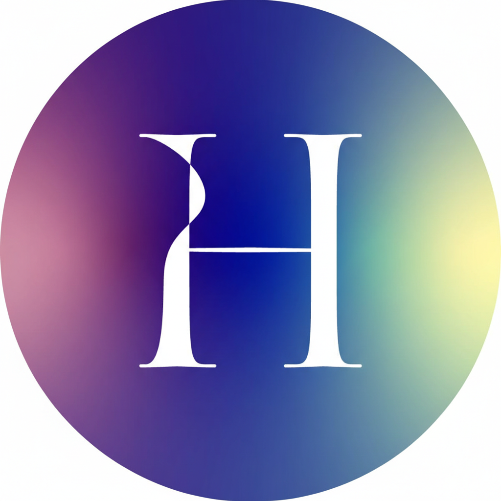A circular logo with gradient background in blue, purple, pink, and green, featuring a large white letter 'H' in the center.