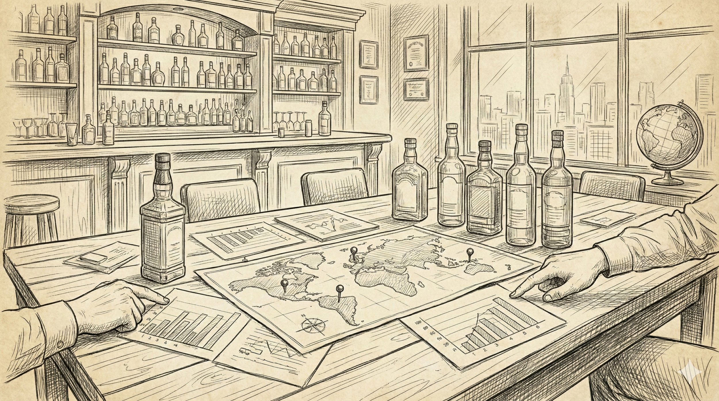 Sketch of a meeting room with a table displaying world maps, charts, and bottles of whiskey, with an office city skyline view and shelves of bottles in the background.