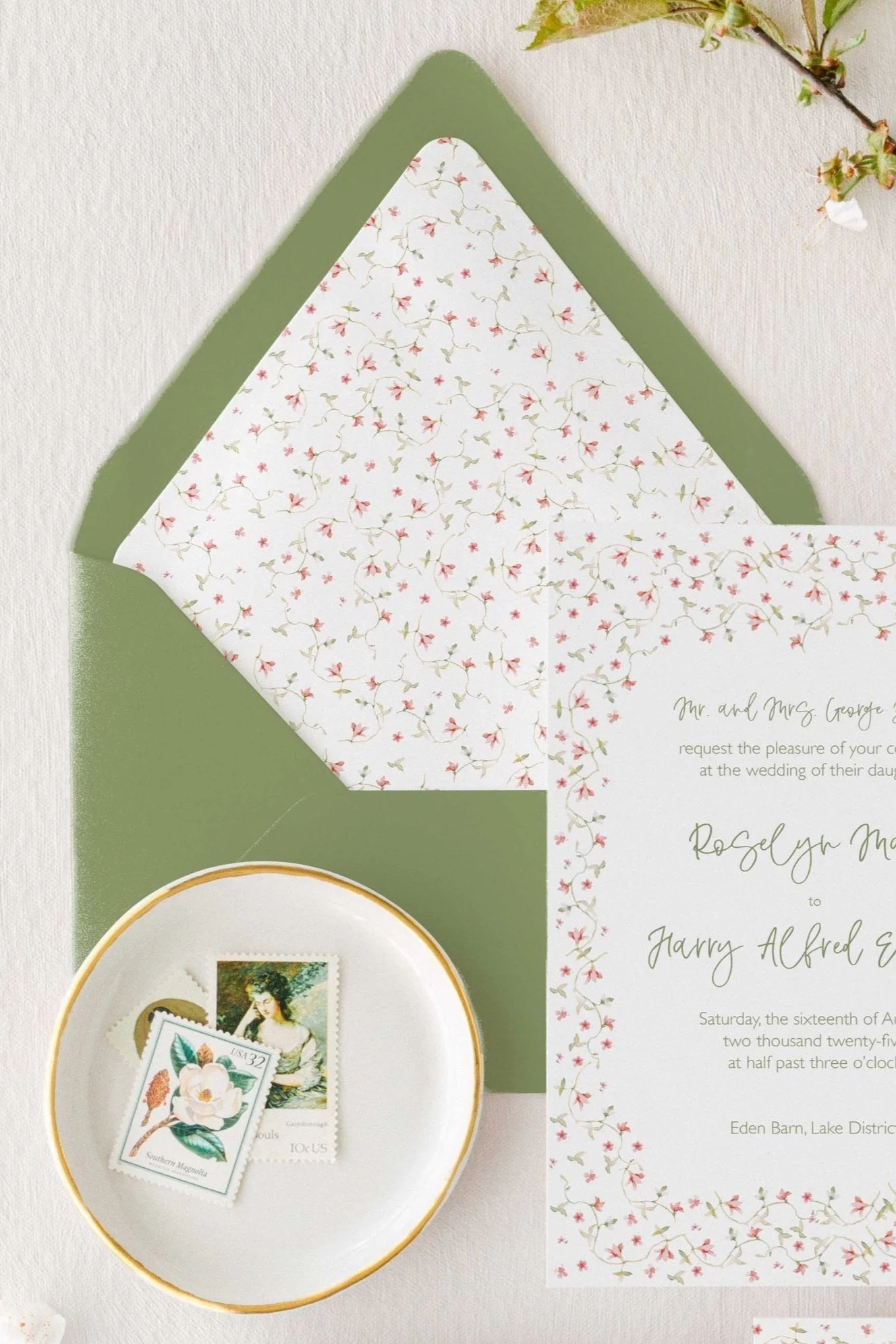 Roselyn wedding envelope featuring a botanical envelope liner with whimsical watercolor details.