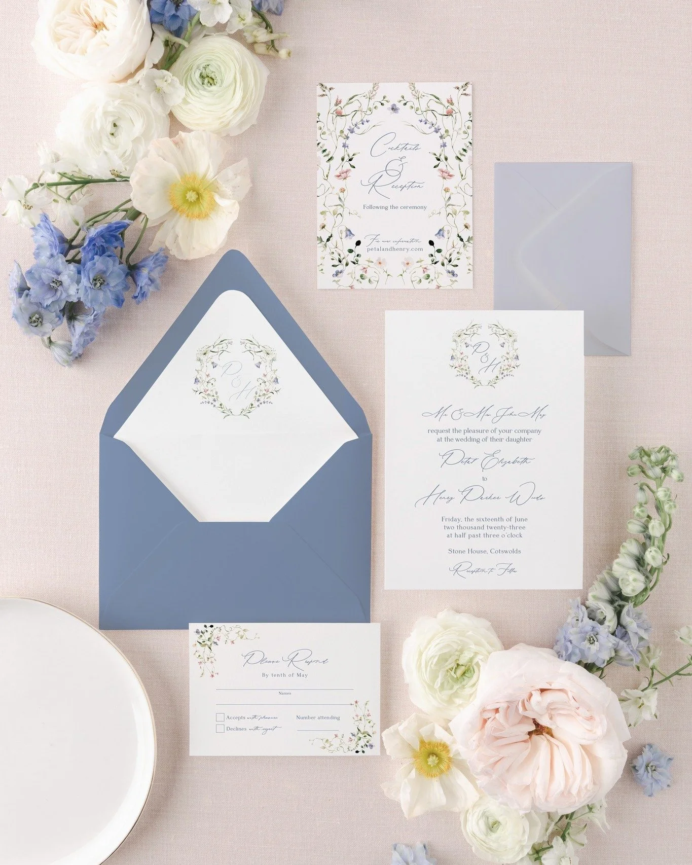 Meet the Petal Collection

A soft whisper of wildflowers, designed for love stories that feel like a quiet walk through the English countryside.

With its graceful blend of pink and blue watercolor florals, the Petal Collection captures the charm of 