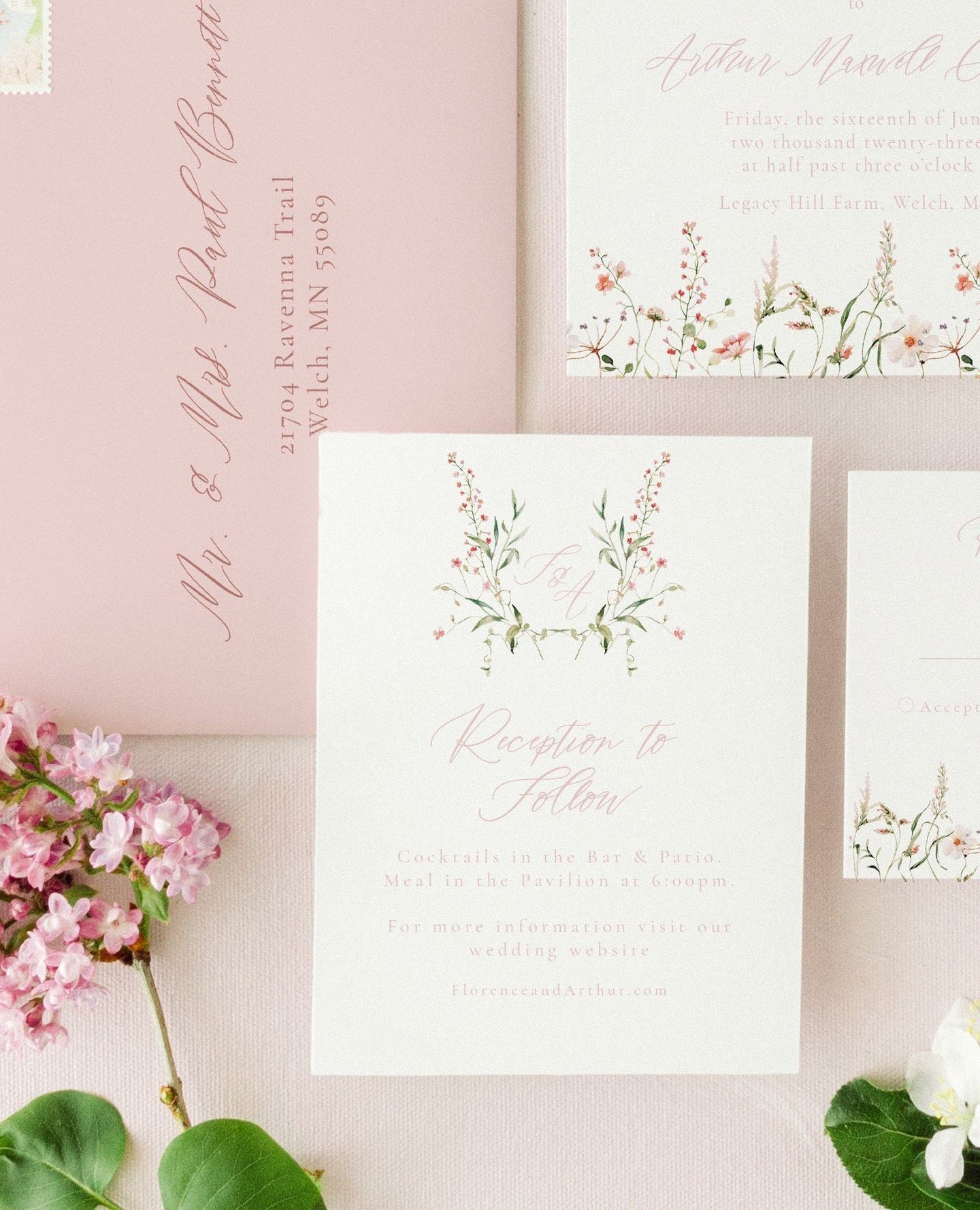 One of my favorite details in the Florence Collection is the coordinating details card, designed to bring both beauty and clarity to the suite.⁠
⁠
With a delicate watercolor floral crest, paired with classic typography, it&rsquo;s a small piece that 