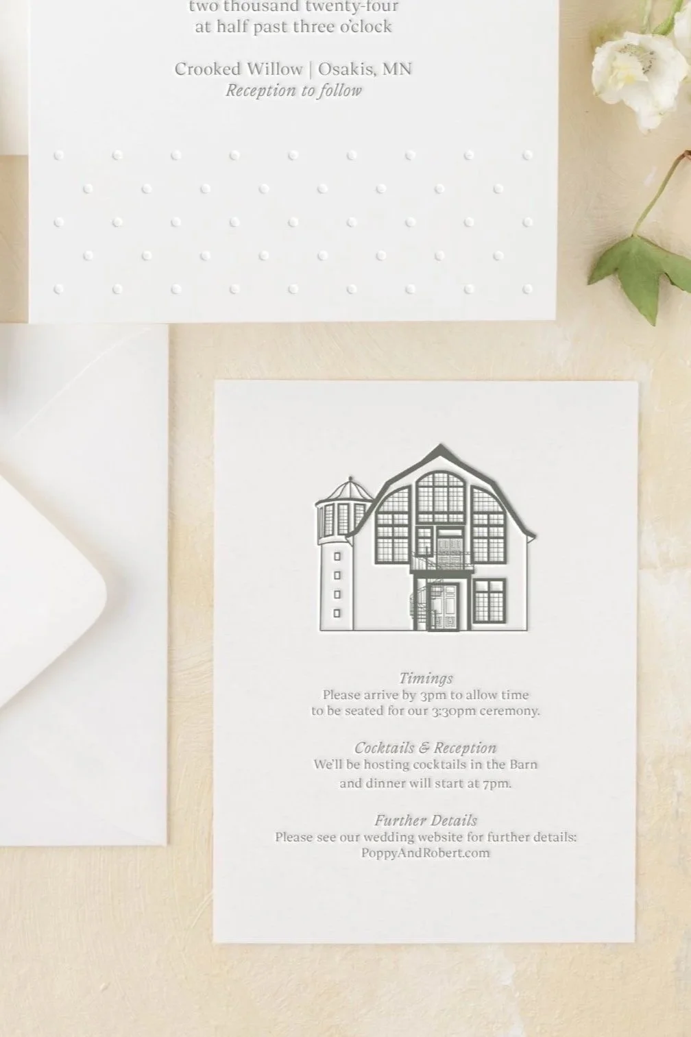Letterpress-printed Poppy additional card featuring a custom venue illustration and delicate detailing.