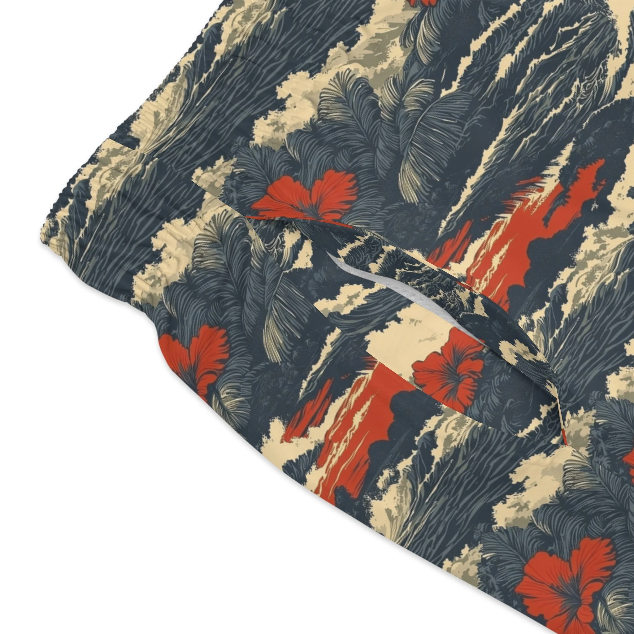 Close up of woodblock wave and crimson hibiscus floral print on Hunt and Harbor men's swim trunks