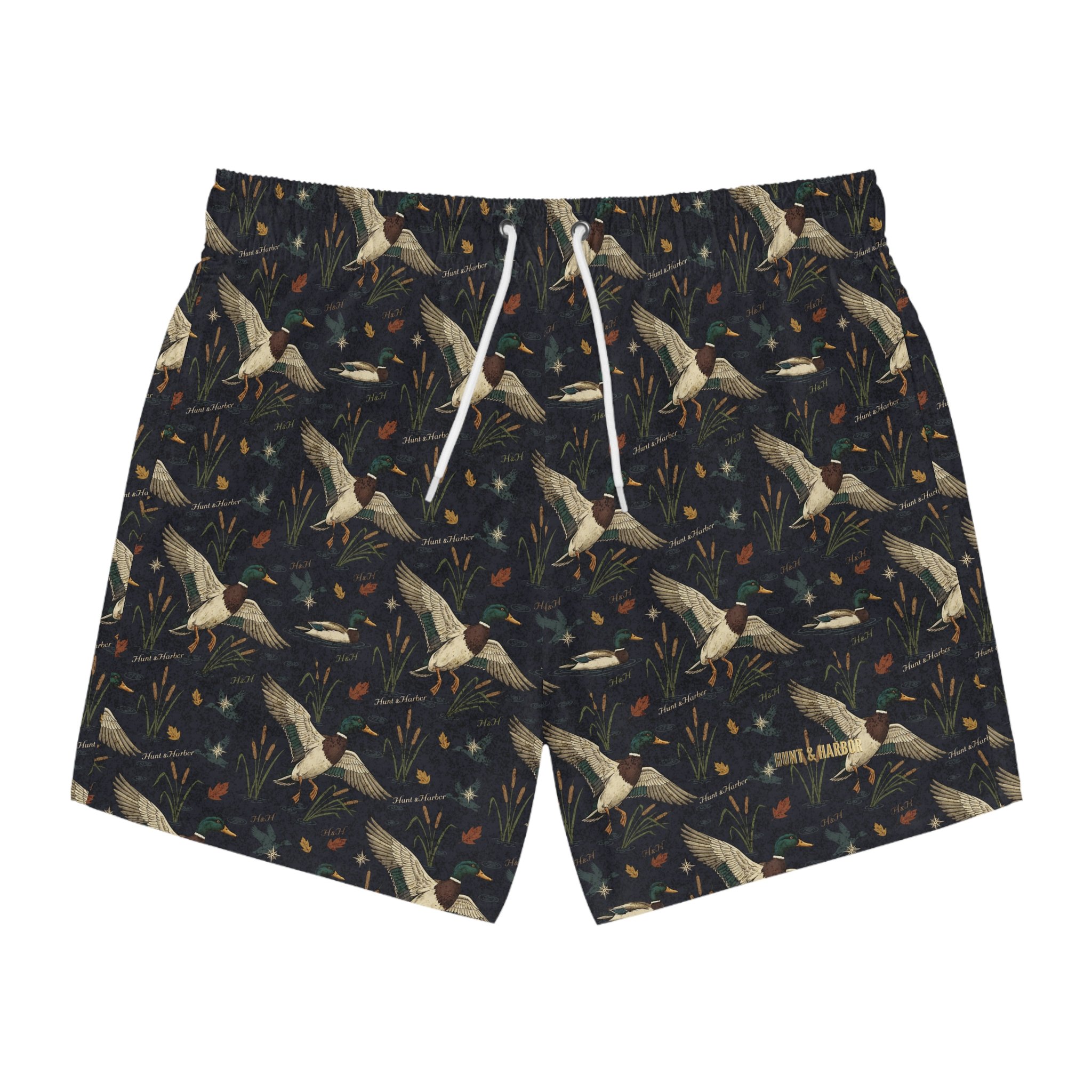 Hunt and Harbor Mallard Season Swim Trunks - Men's Vintage Waterfowl Duck Print Swimwear in Navy with Mallard Drake Illustration