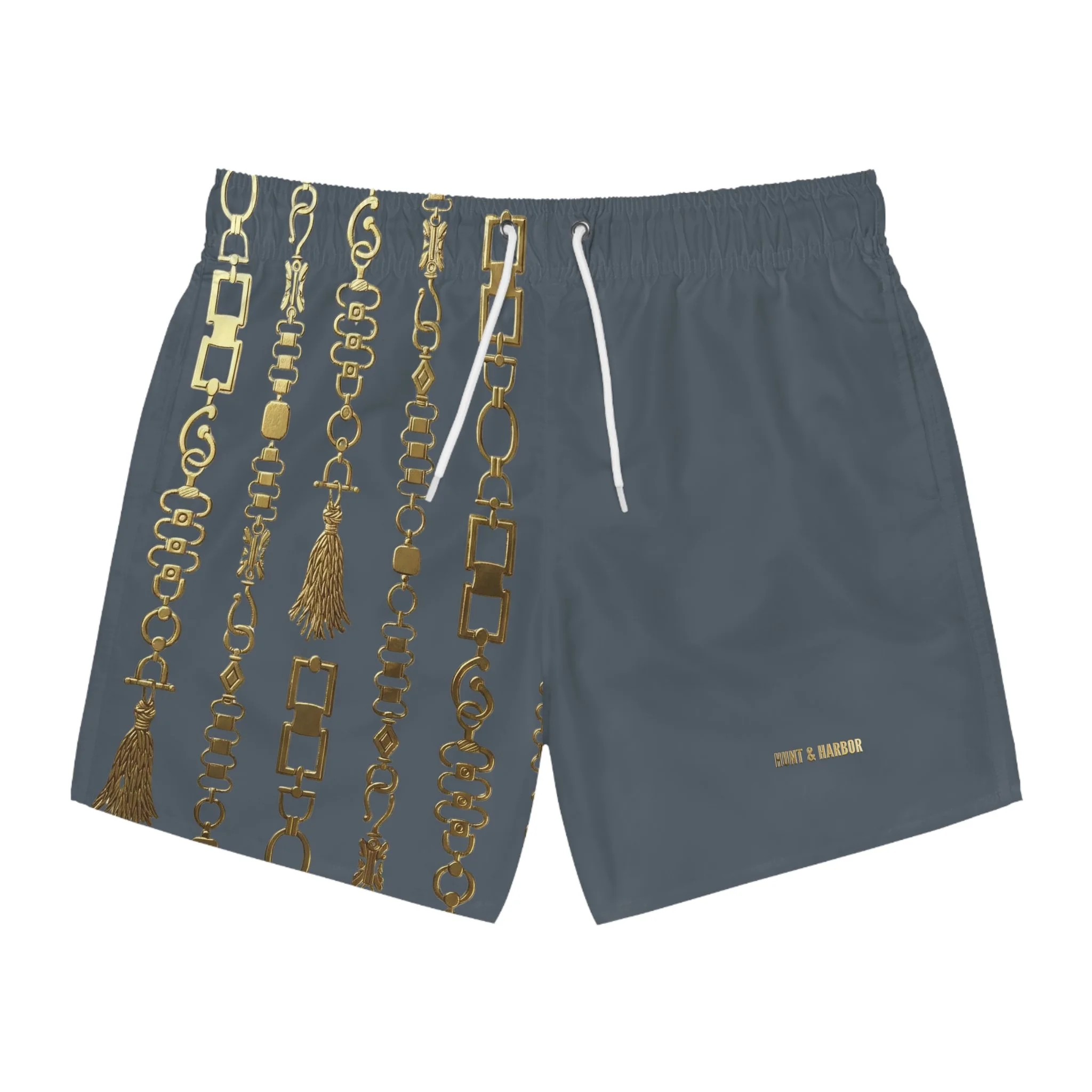Hunt and Harbor Gold Link Equestrian Swim Trunks - Men's Luxury Gold Chain Print Swimwear All-Over Print
