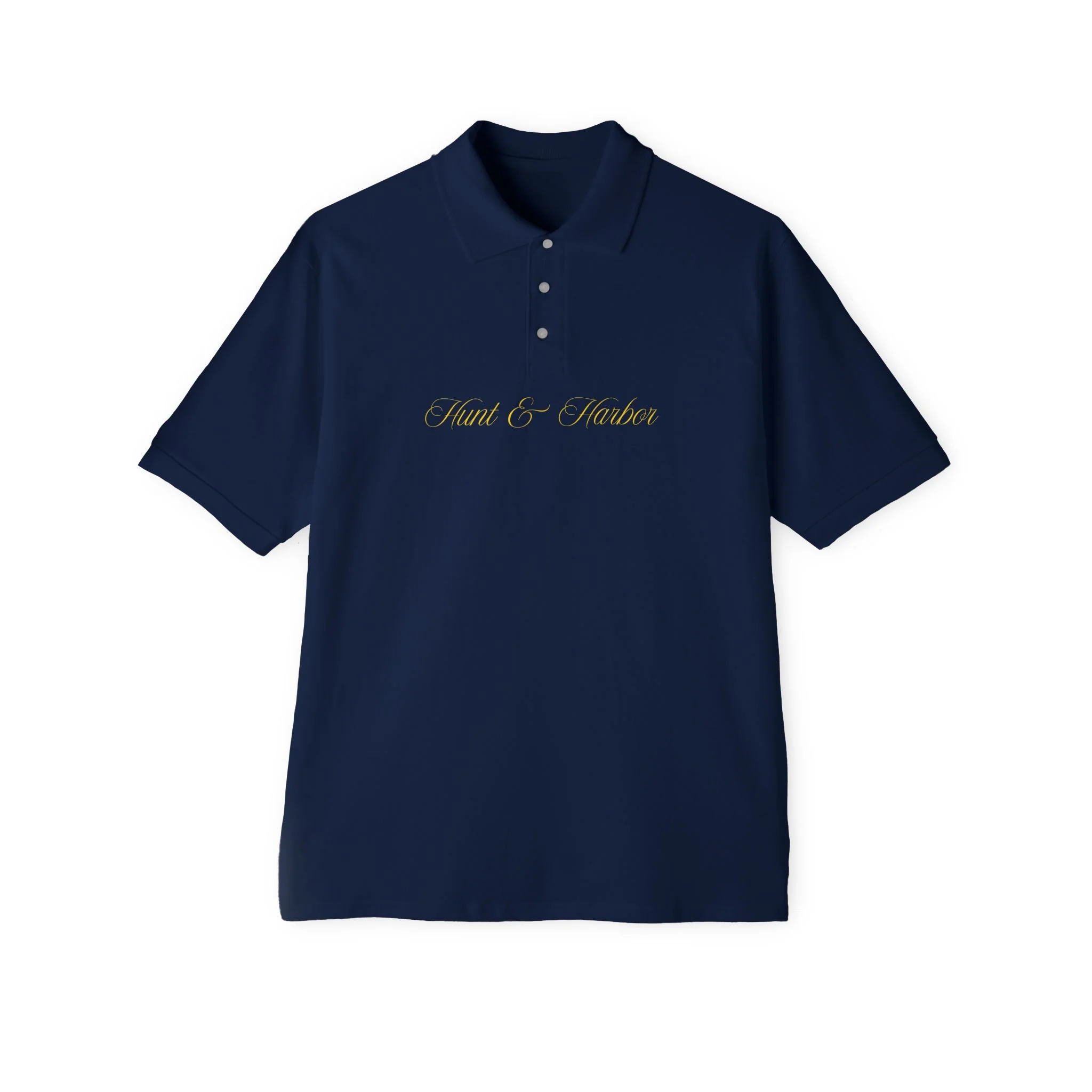 Hunt and Harbor Signature Piqué Polo Shirt - Men's Classic Navy Cotton Polo with Gold Script Embroidery