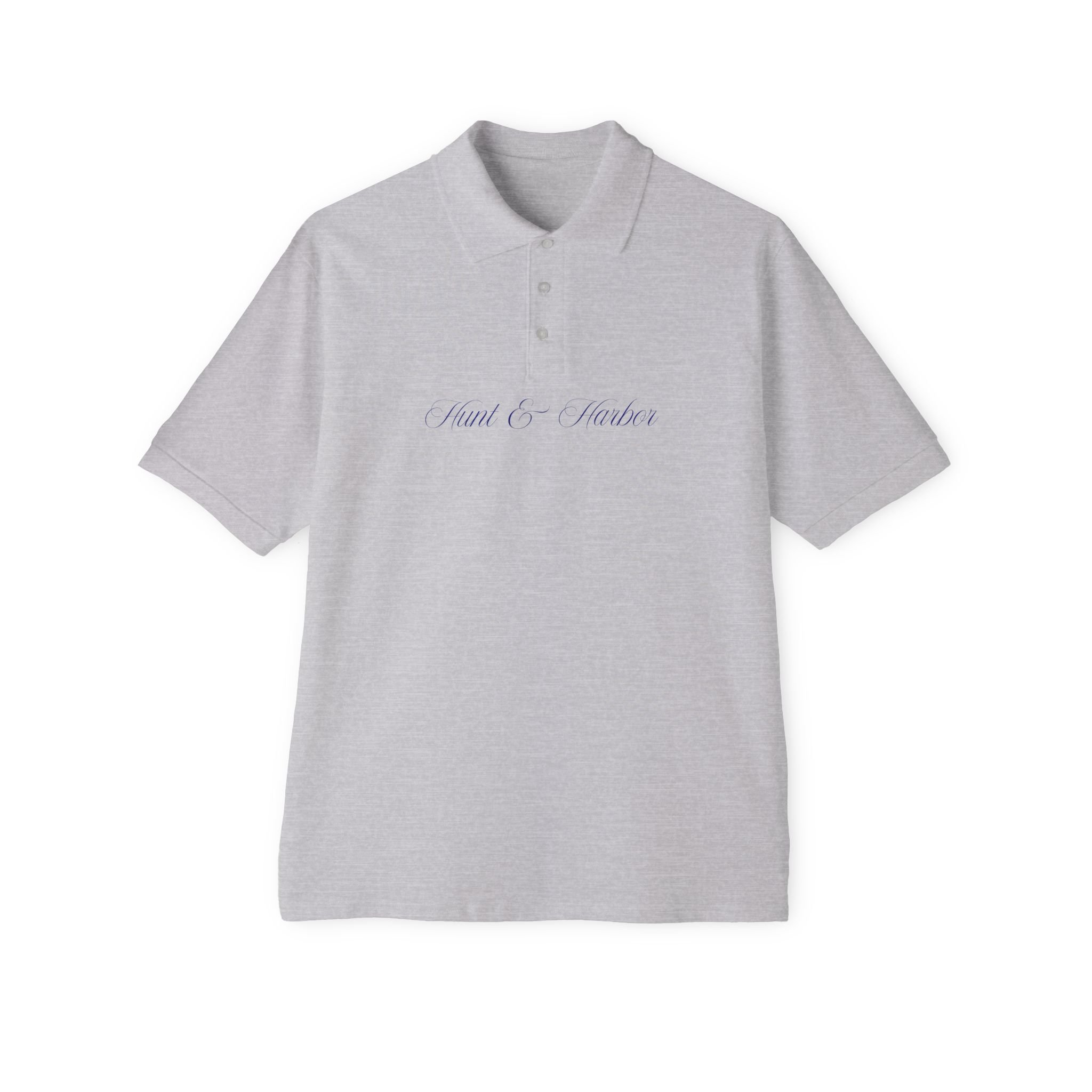 Hunt and Harbor Signature Piqué Polo Shirt in Grey with Navy Script - Men's Classic Piqué Polo