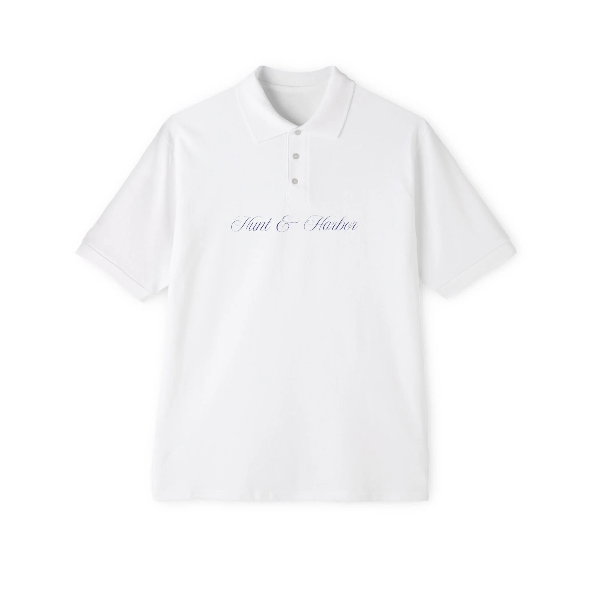 Hunt and Harbor Signature Piqué Polo Shirt in White with Navy Script - Men's Classic Cotton Polo