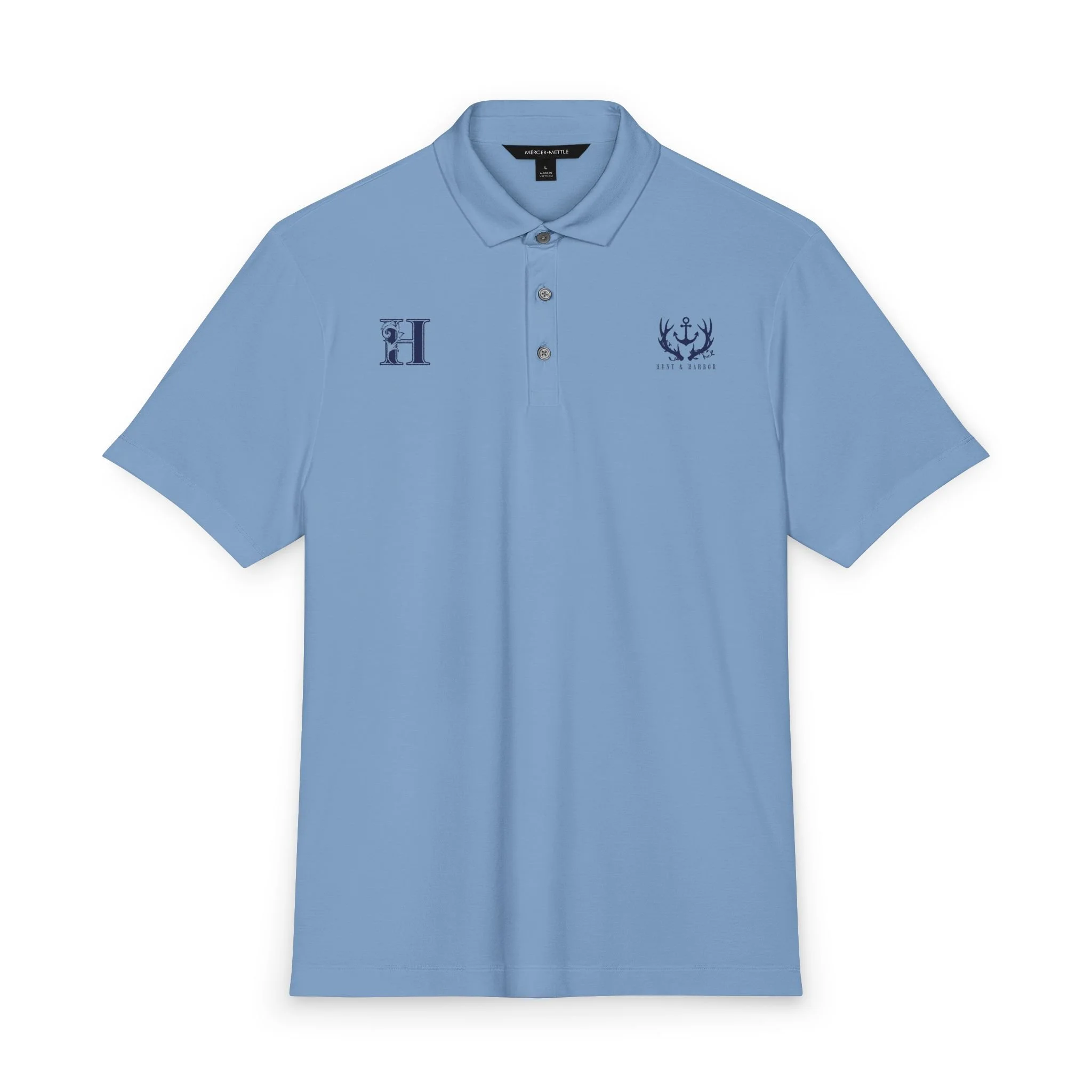 Antler & Anchor Stretch Jersey Polo in Parisian Blue – front view showing antler-and-anchor logo on left chest