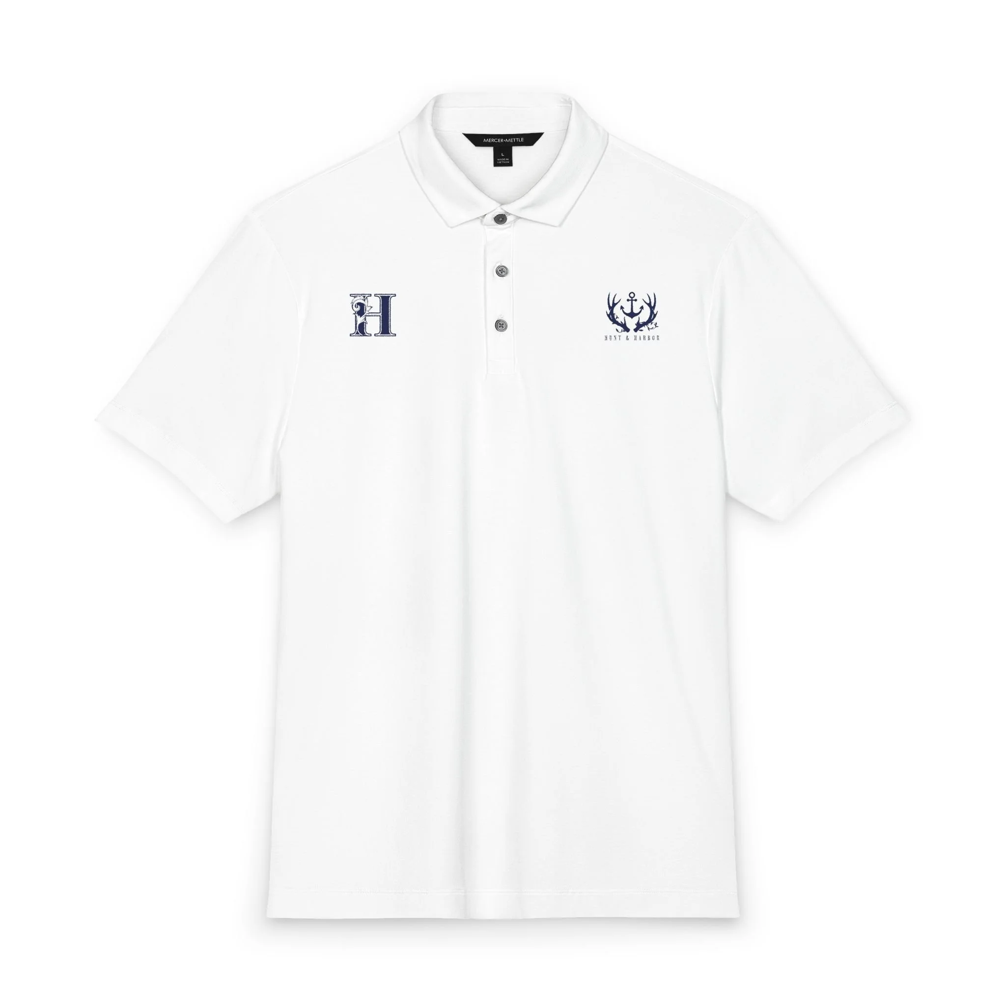 Antler & Anchor Stretch Jersey Polo in White – front view showing antler-and-anchor logo on left chest