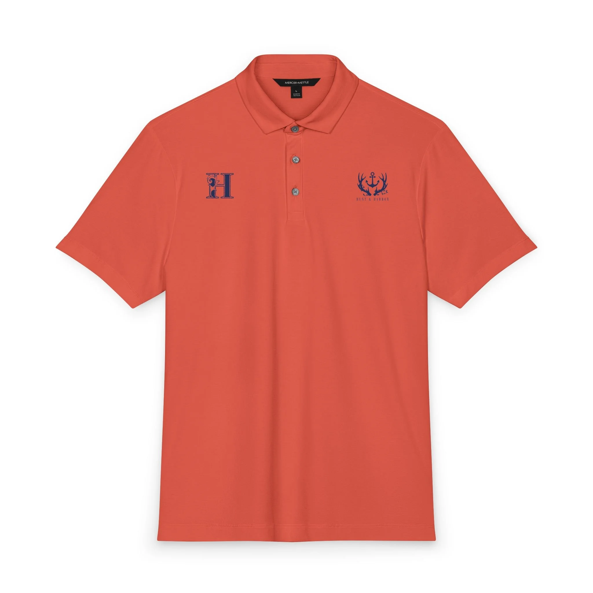 Antler & Anchor Stretch Jersey Polo in Terracotta – front view showing antler-and-anchor logo on left chest