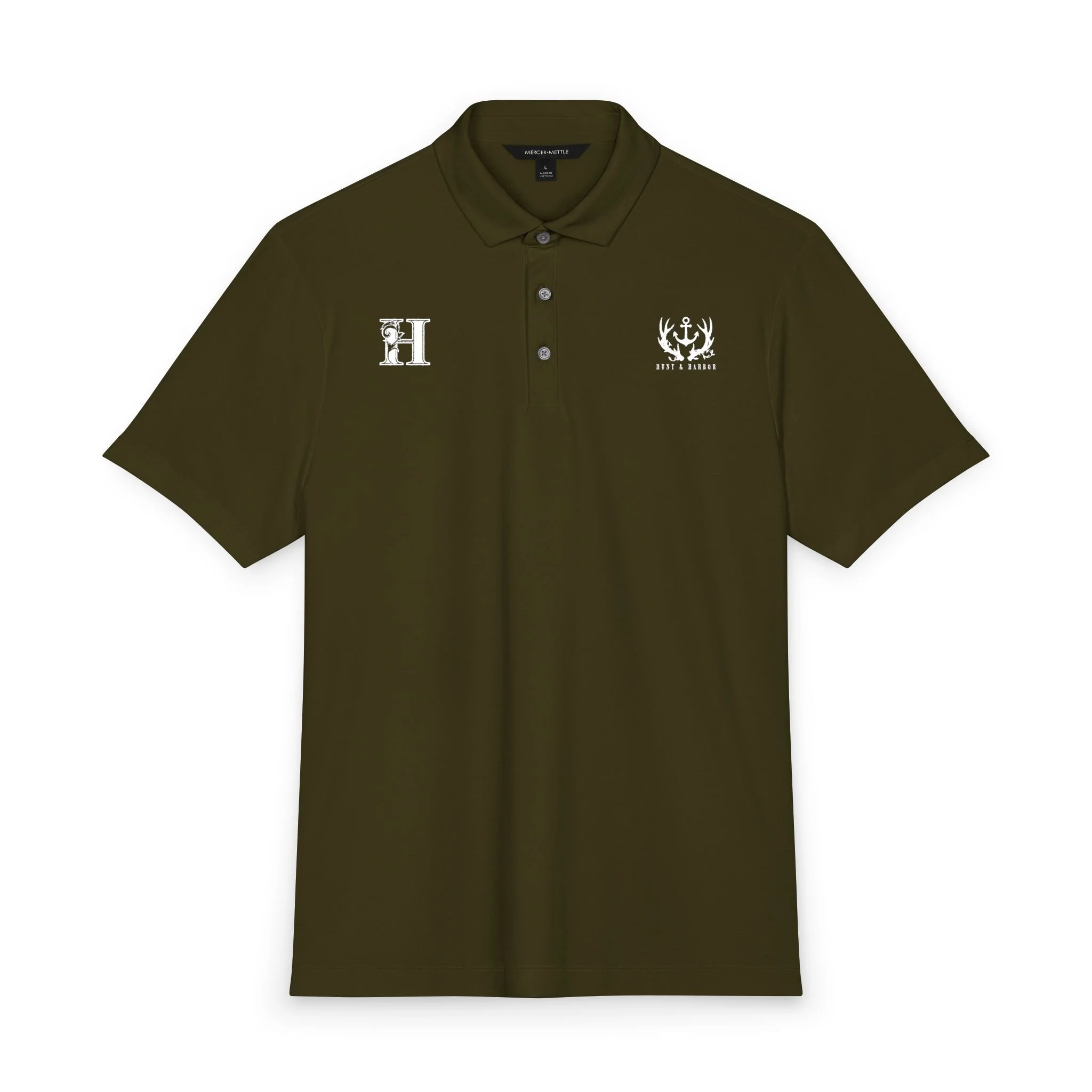 Antler & Anchor Stretch Jersey Polo in Townsend Green – front view showing antler-and-anchor logo on left chest