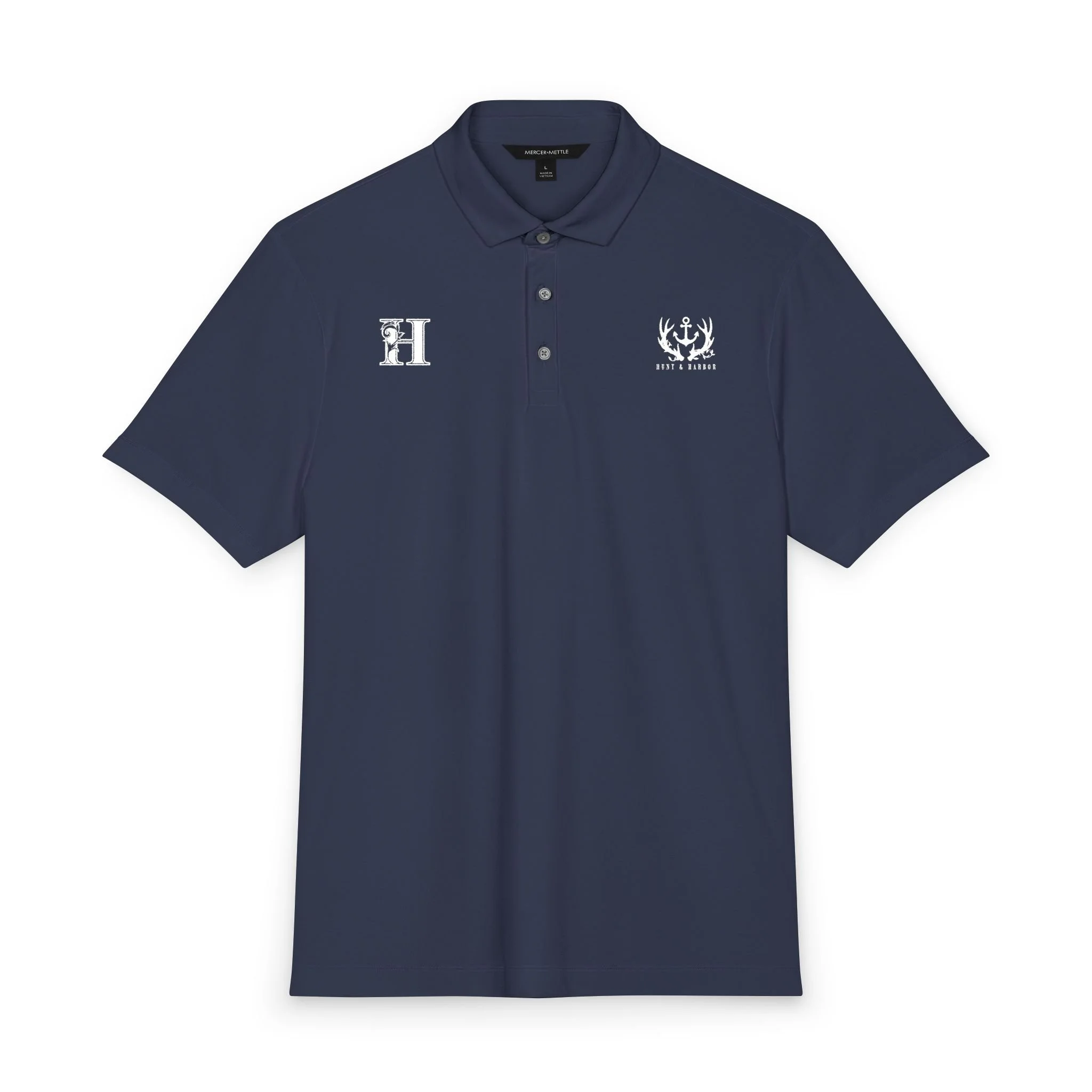 Antler & Anchor Stretch Jersey Polo in Insignia Blue – front view showing antler-and-anchor logo on left chest