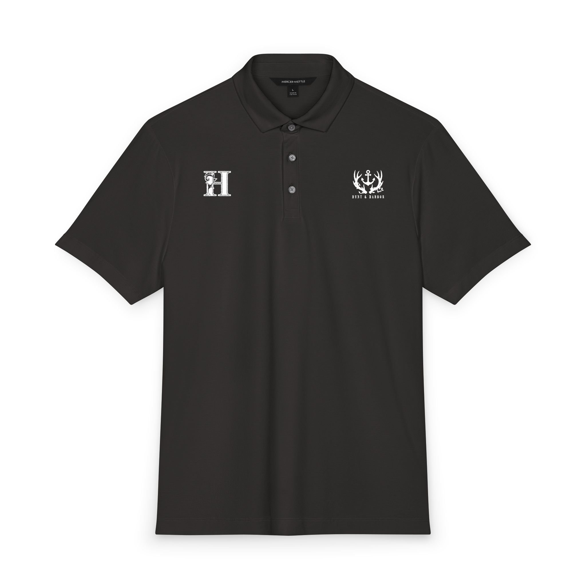 Antler & Anchor Stretch Jersey Polo in Night Navy – front view showing antler-and-anchor logo on left chest
