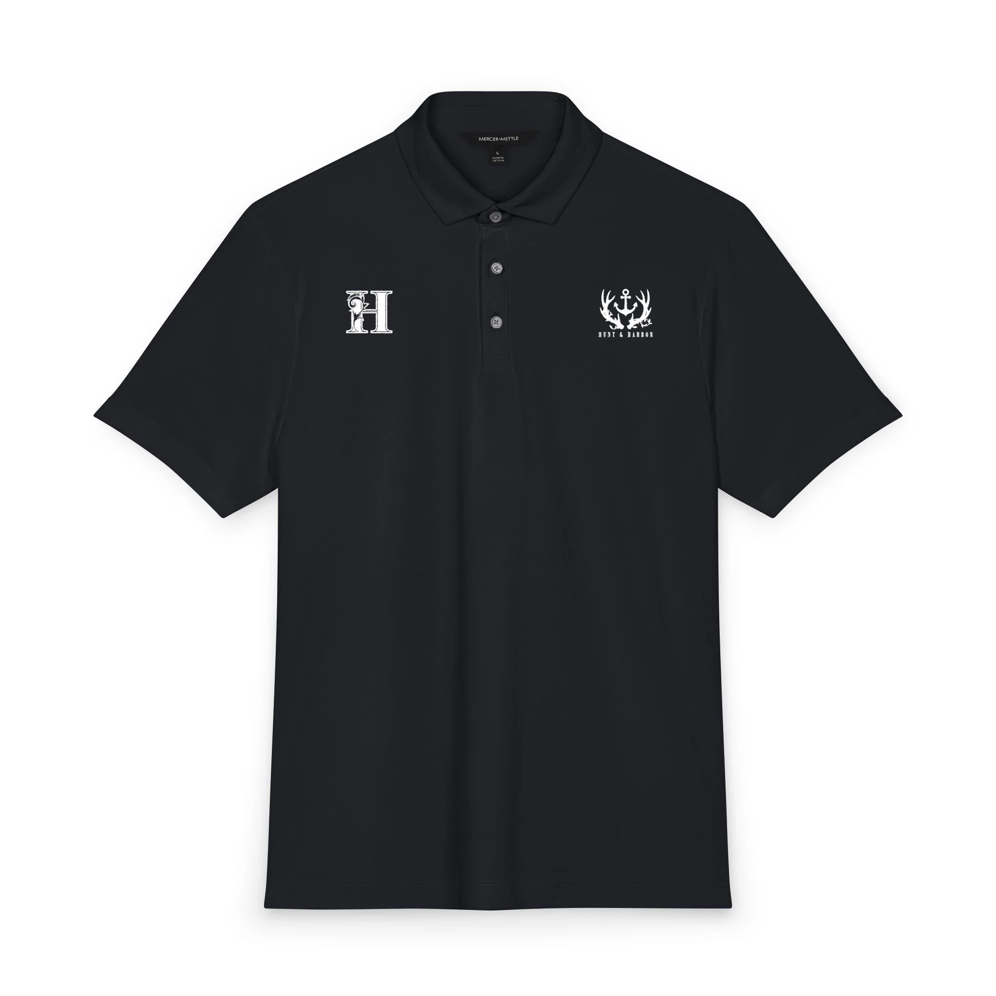 Antler & Anchor Stretch Jersey Polo in Anchor Grey – front view showing antler-and-anchor logo on left chest