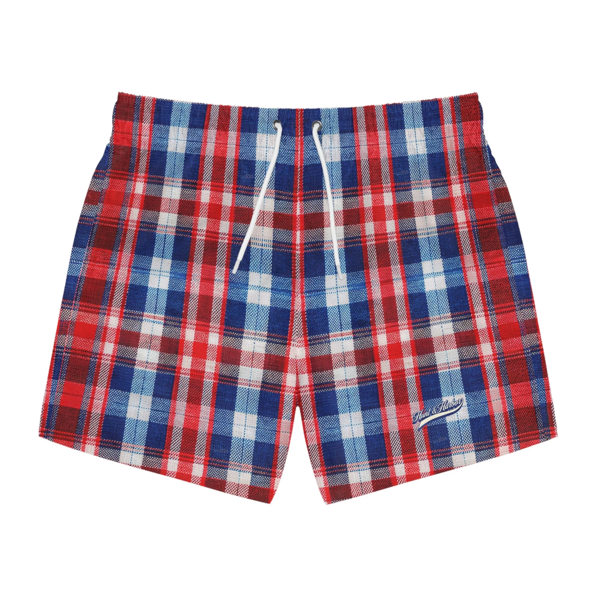 Hunt & Harbor Patriotic Men's Swim Trunks | Red, White & Blue Plaid Pattern | Celebrate America 250