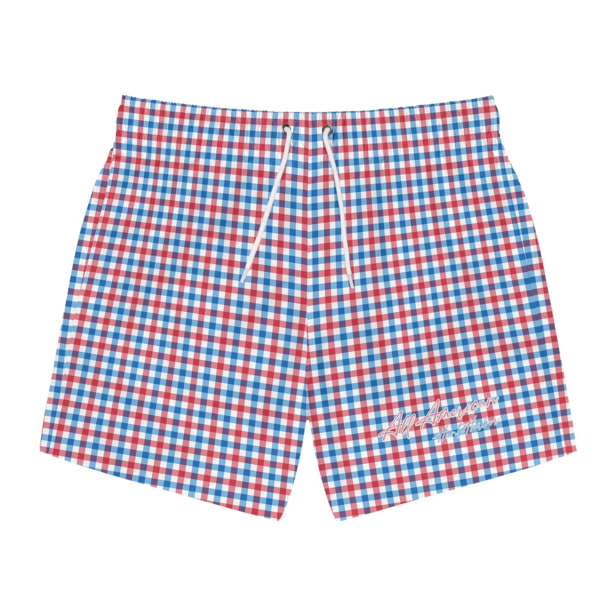 Hunt & Harbor All.American Patriotic Men's Swim Trunks | Red, White & Blue Preppy Gingham Pattern | Celebrate America 250