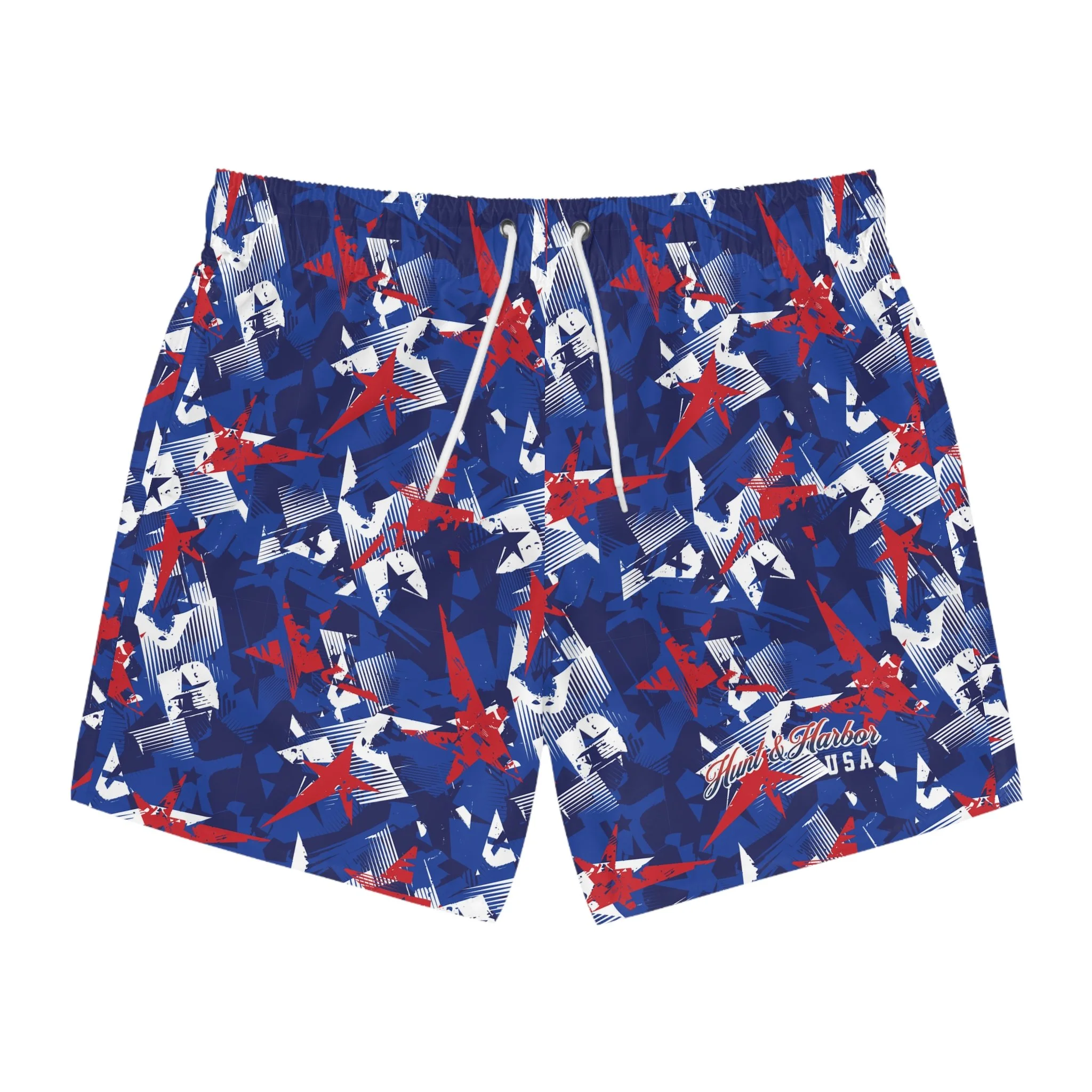 Hunt & Harbor Patriotic Men's Swim Trunks | Red, White & Blue Camo Stars Pattern | Celebrate America 250