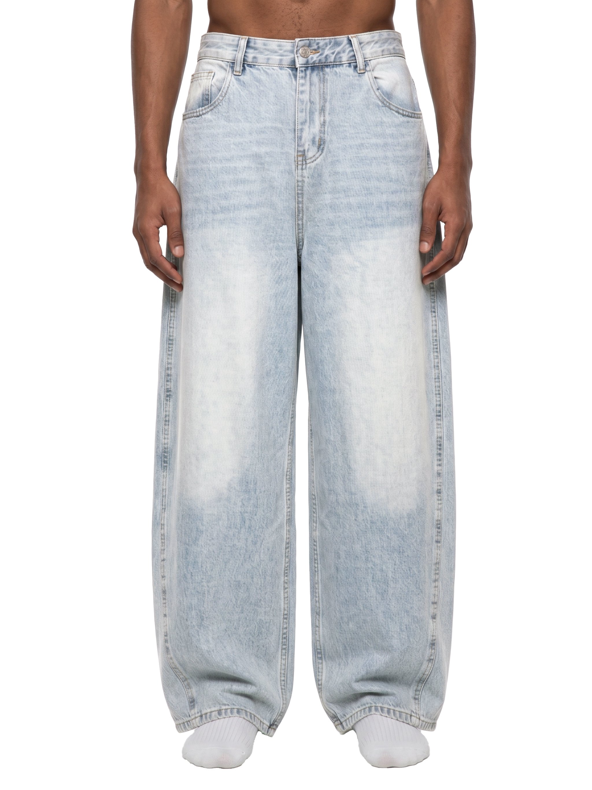 Men's vintage wash sunfade barrel leg jeans light blue - side seam close-up product view