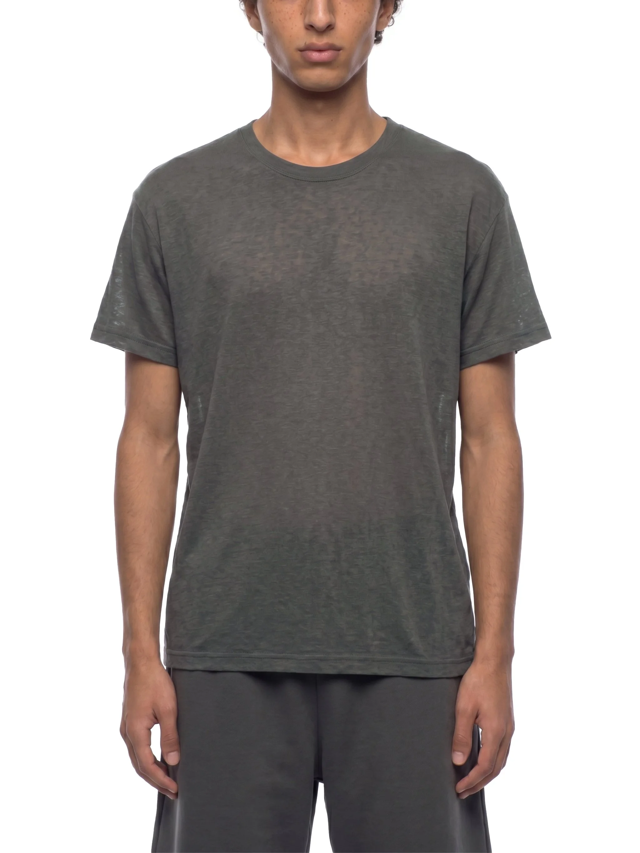 Men's sheer slub boxy crop tee in gray worn on model - front view showing sheer texture