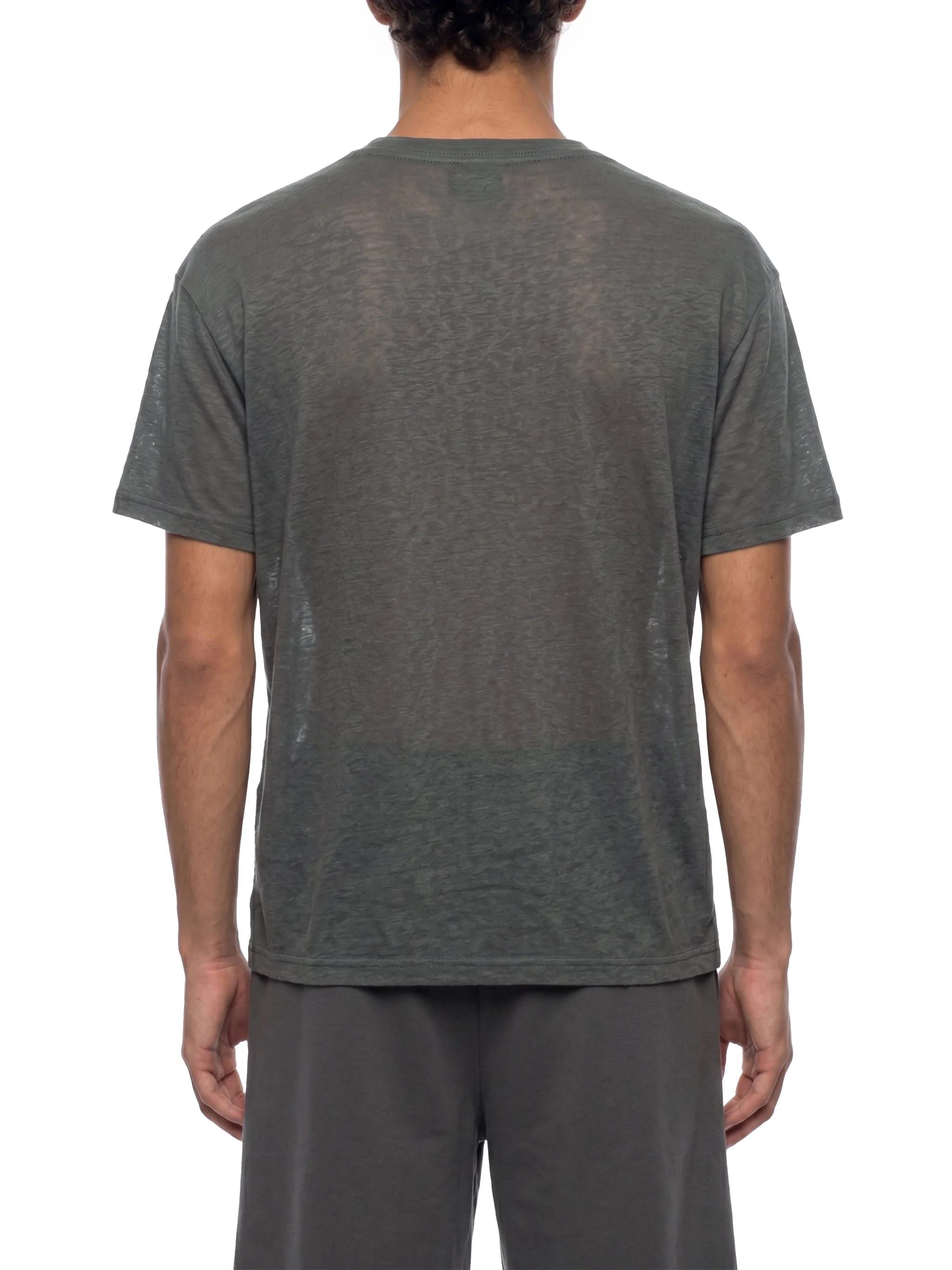 Men's sheer slub boxy crop tee on model back view - gray sheer lyocell crop tee