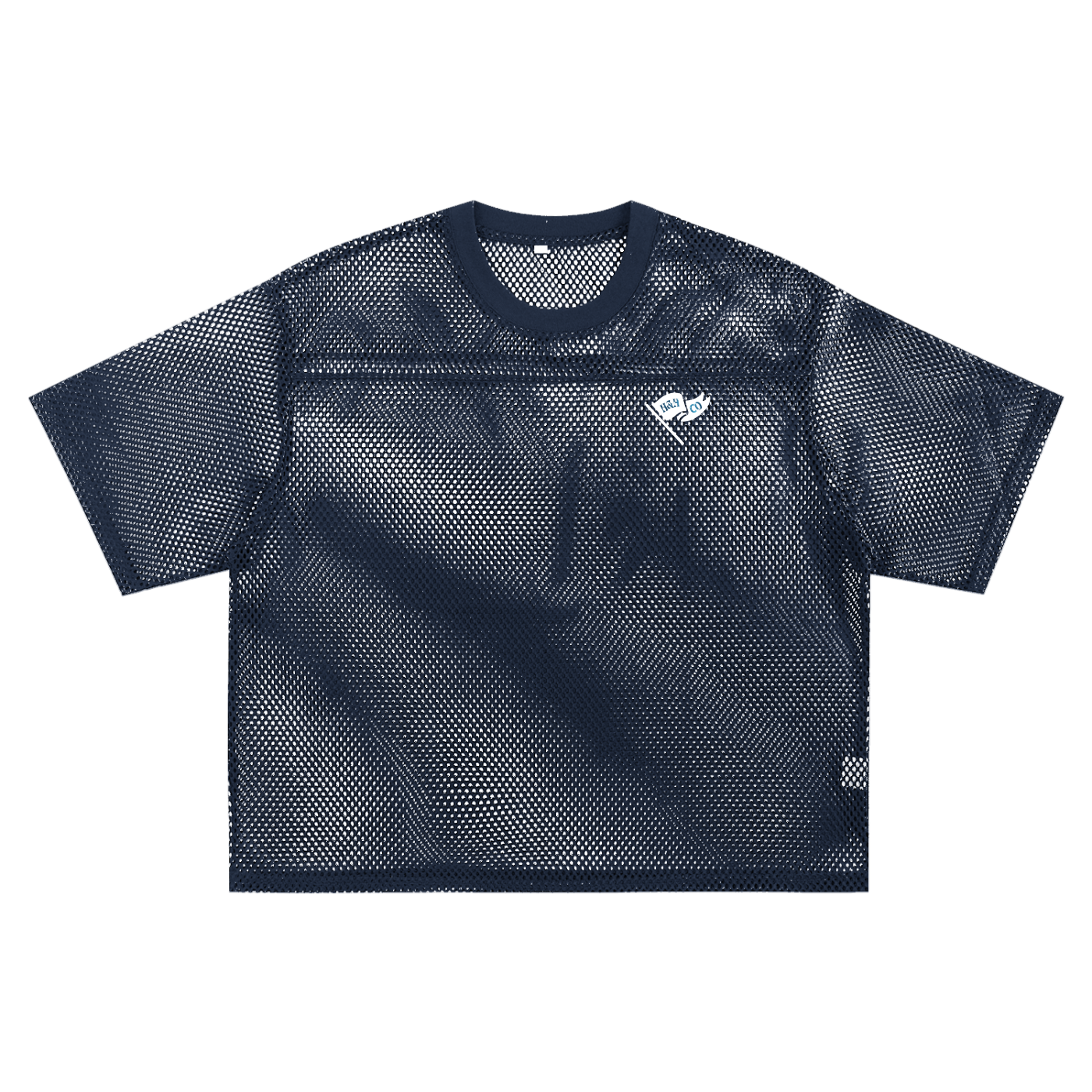 Sheer net boxy crop jersey in Navy - second flat lay front view