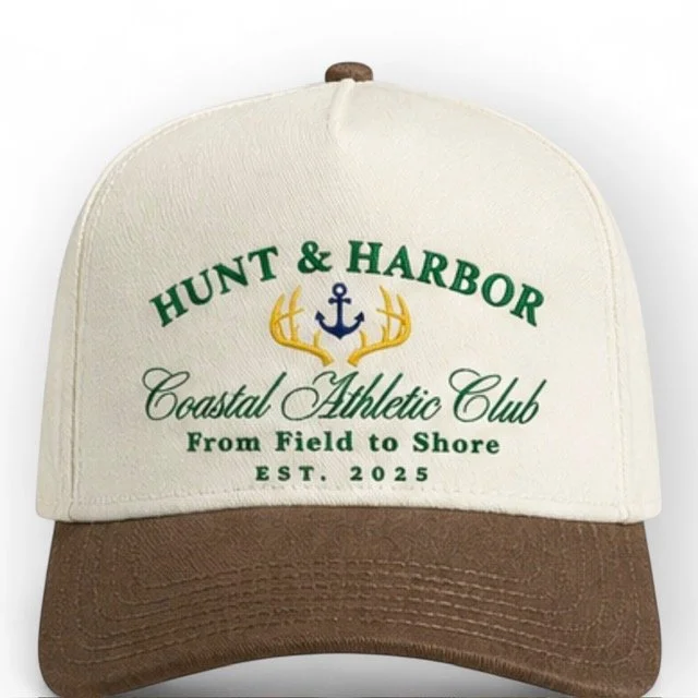 Coastal Athletic Club embroidered cap in Natural and Walnut brown - two-tone structured snapback trucker hat, coastal vintage outdoor style