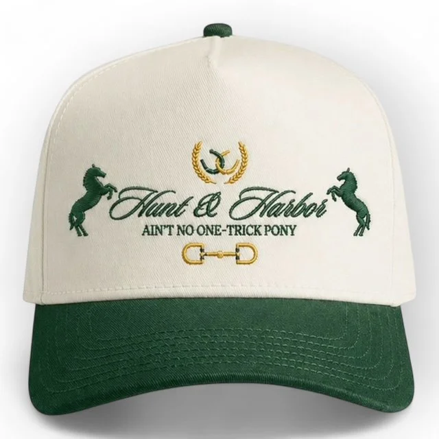 One-Trick Pony embroidered cap in Natural and Forest green - two-tone vintage trucker snapback hat, retro preppy outdoor style
