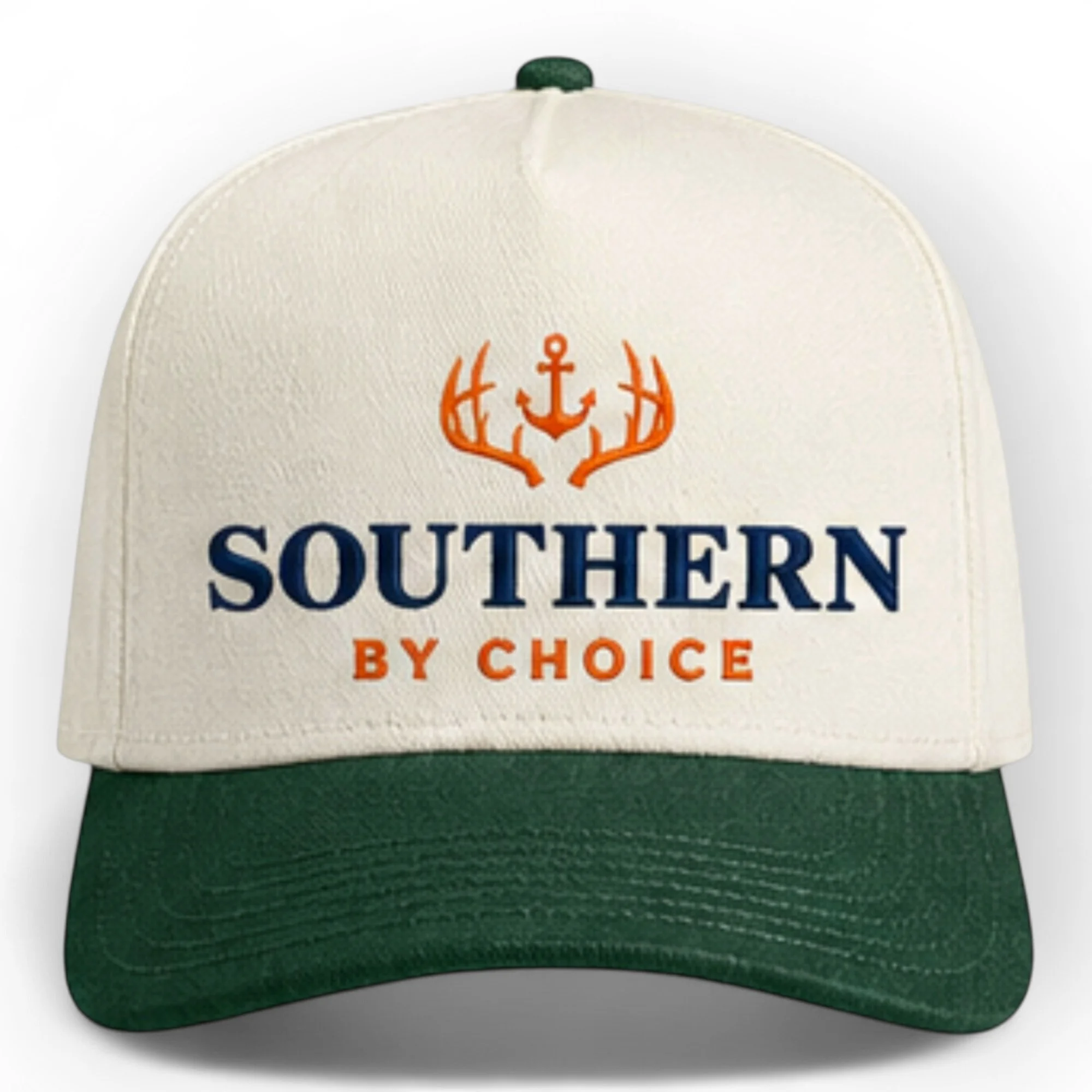 Southern By Choice embroidered cap in Natural and Forest green - two-tone trucker snapback hat with antler-and-anchor logo, front view