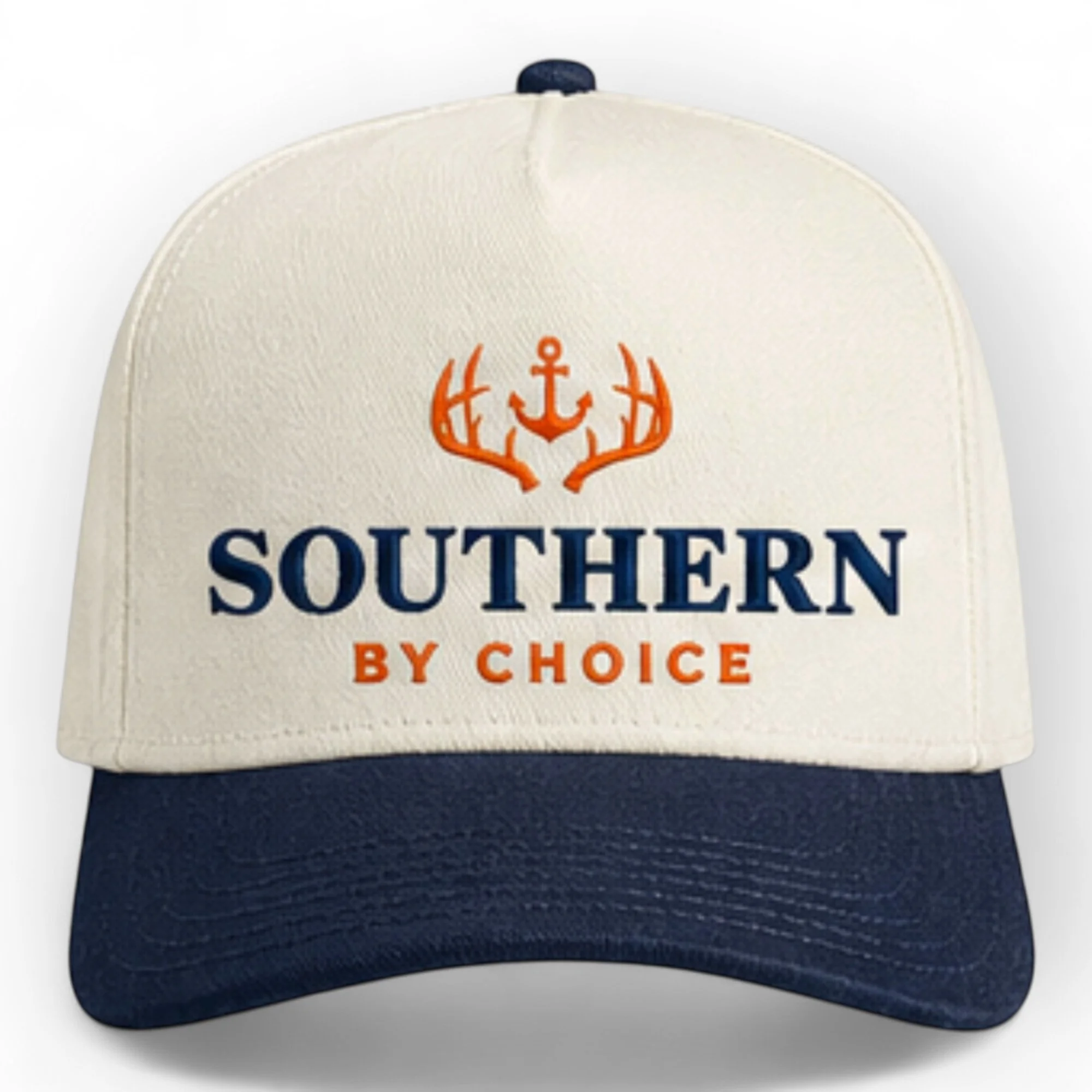 Southern By Choice embroidered cap in Natural and Navy - two-tone structured snapback trucker hat with curved brim, southern coastal style