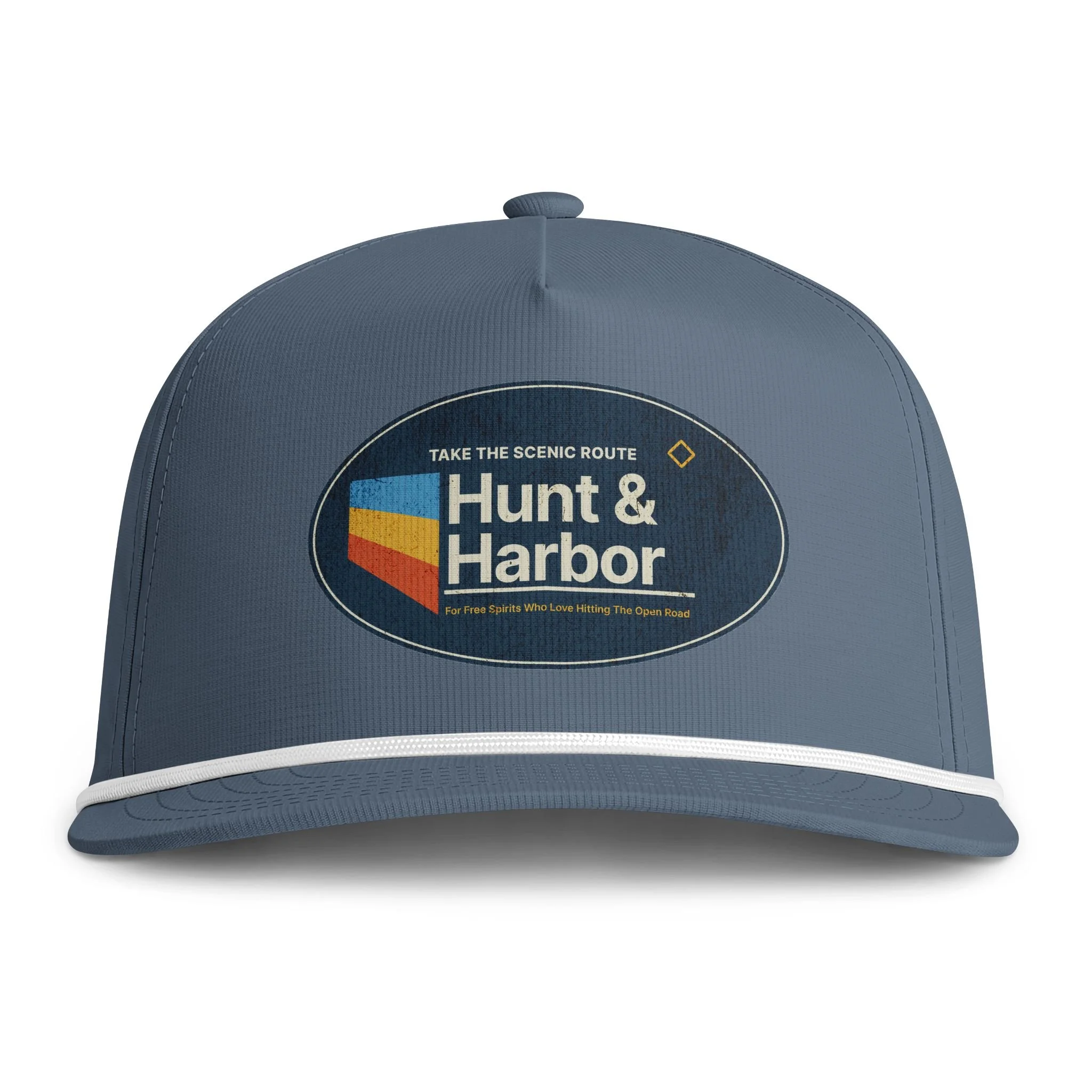 Hunt & Harbor Sunwashed Scenic Route rope cap in Blue Jean - vintage embroidered 5-panel trucker hat with rope braid, front view