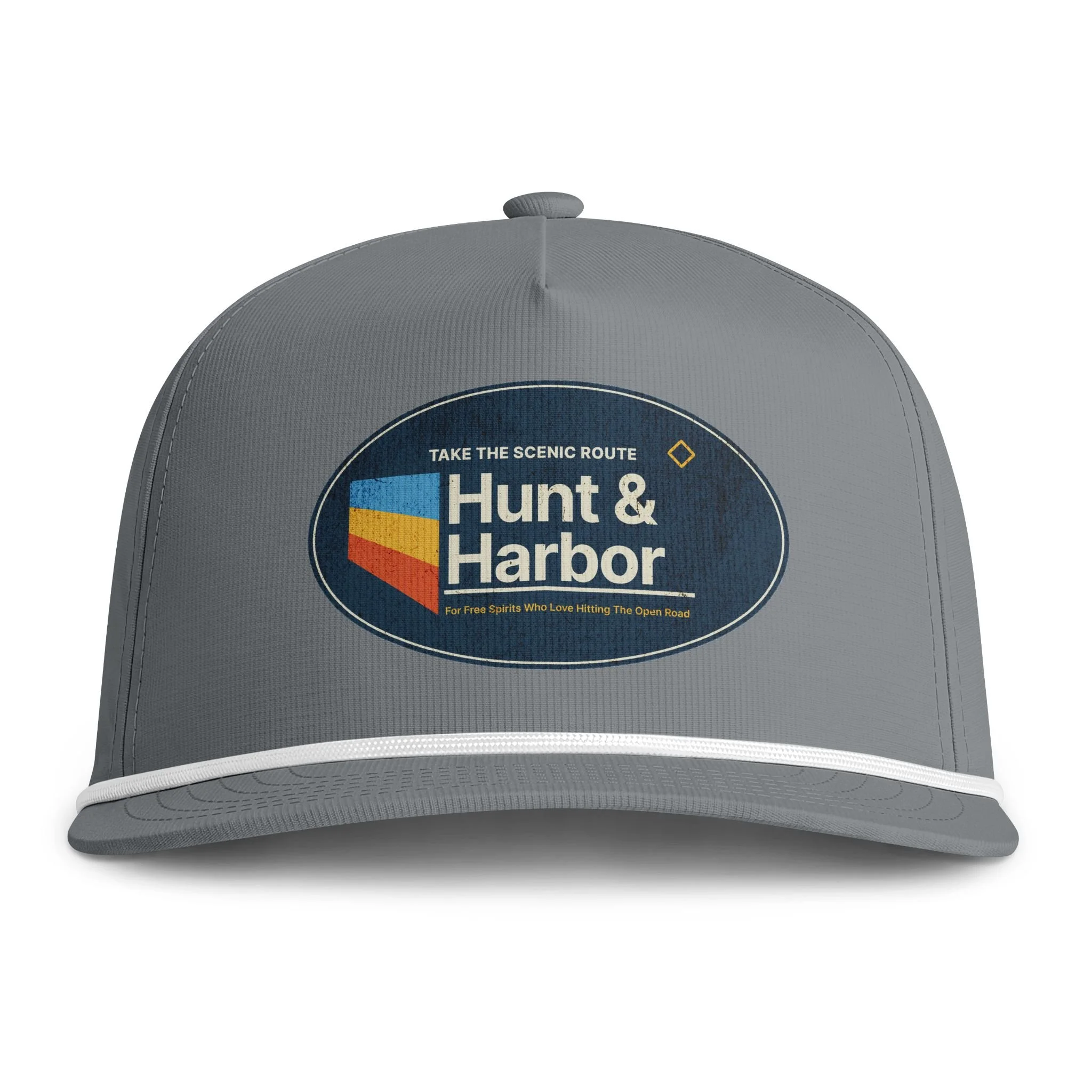 Hunt & Harbor Sunwashed Scenic Route rope cap in Granite grey - retro structured 5-panel trucker hat with embroidered patch and rope detail
