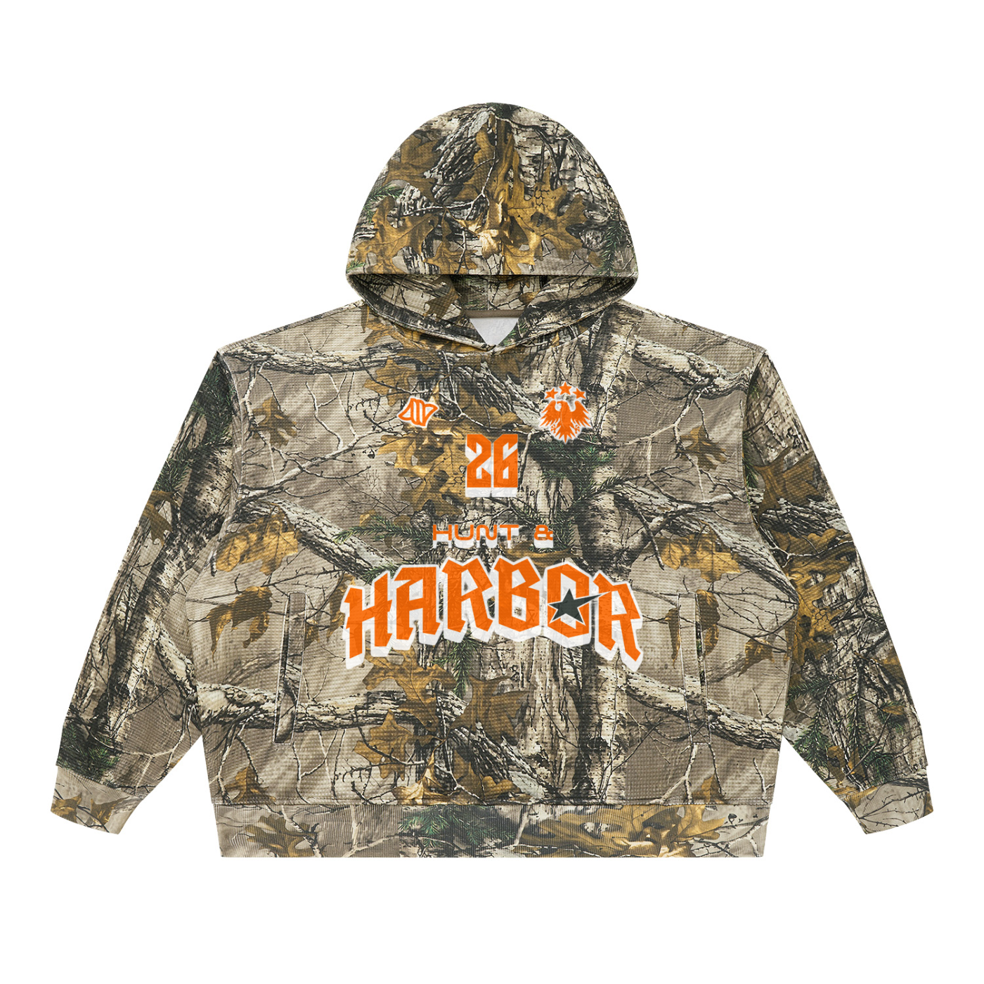 Hunt & Harbor Southern 26 boxy hoodie in gray green tree camo with blaze orange varsity graphics, front view
